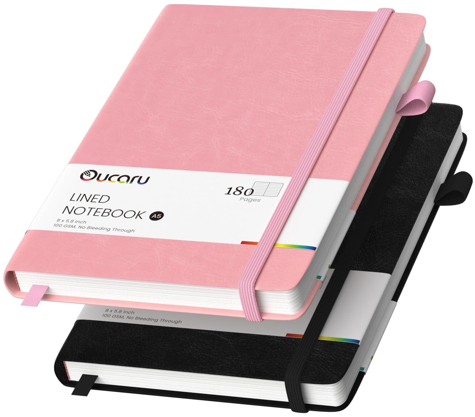 Oucaru Lined Journal Notebook, 2 Pack, 180 Pages, A5 2 Black & Pink