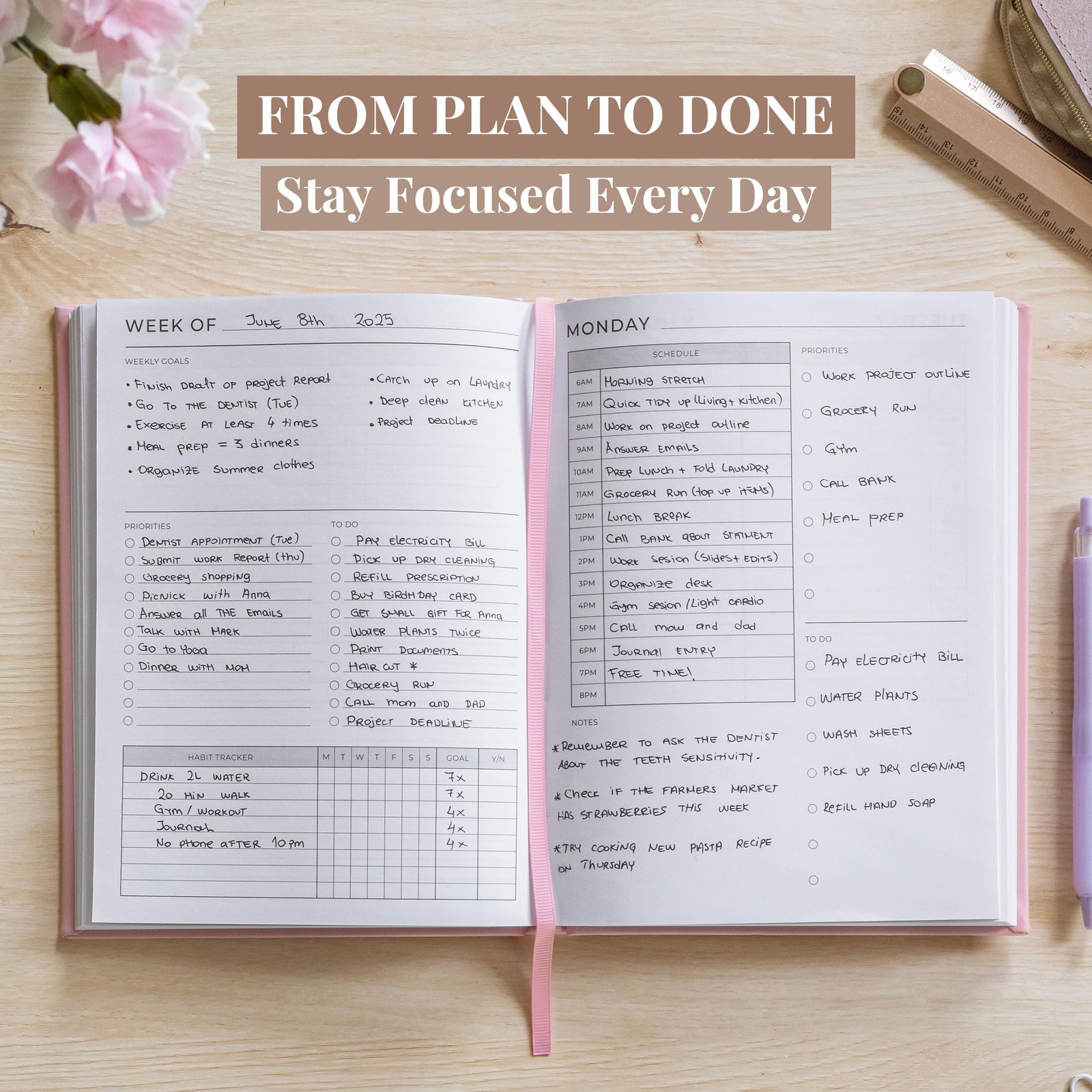 Rileys & Co Undated Daily Planner 8 x 6 in, Day Schedule 8 x 6 inches, Pink