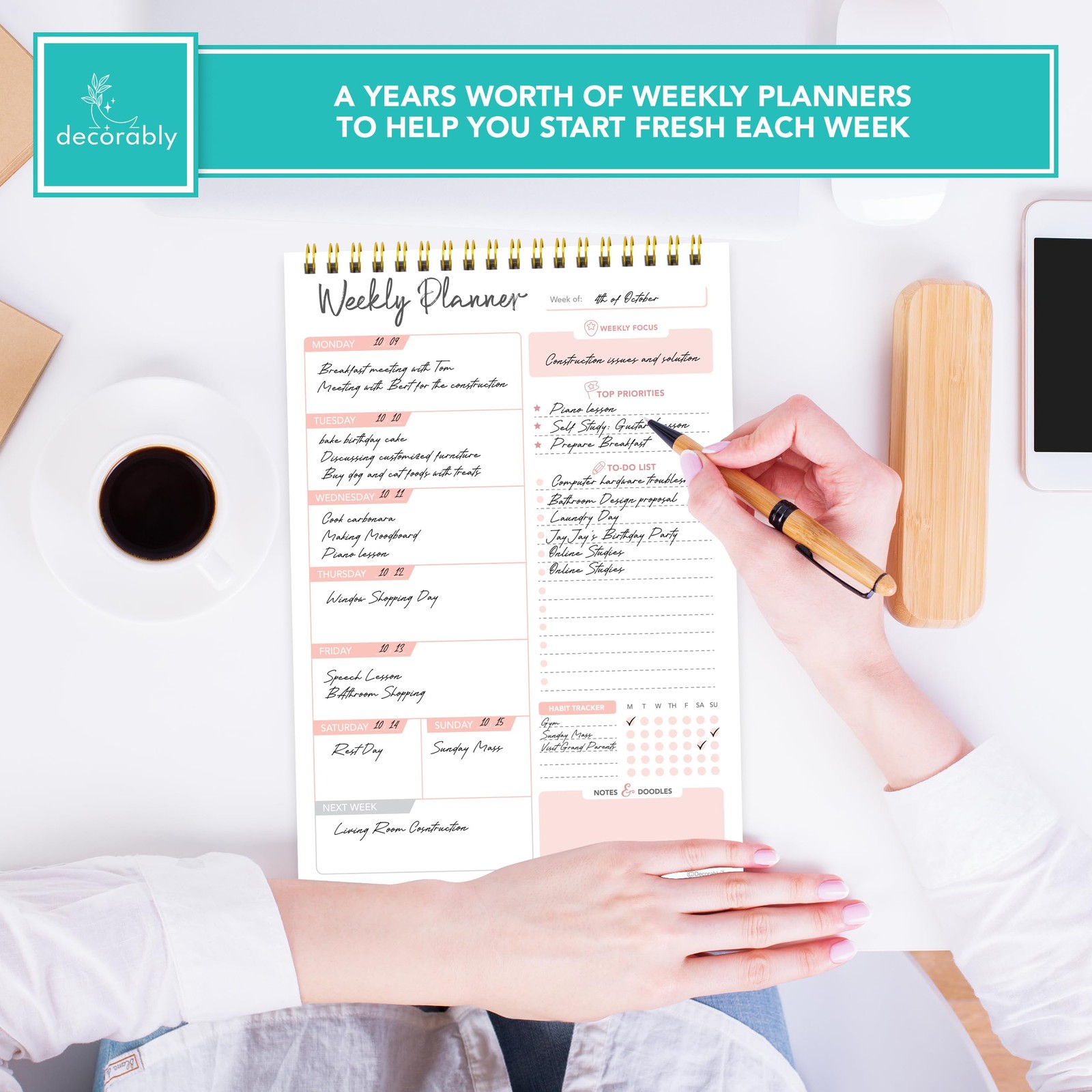 Decorably 52 Sheets Nude Pink Undated Weekly Planner Notepad, 6.5X10in