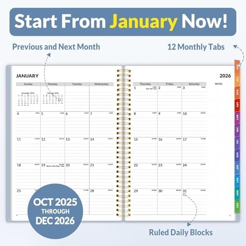 2026 Weekly & Monthly Planner – Daily Agenda, Flexible Cover, Tabs, Pockets, 8.5