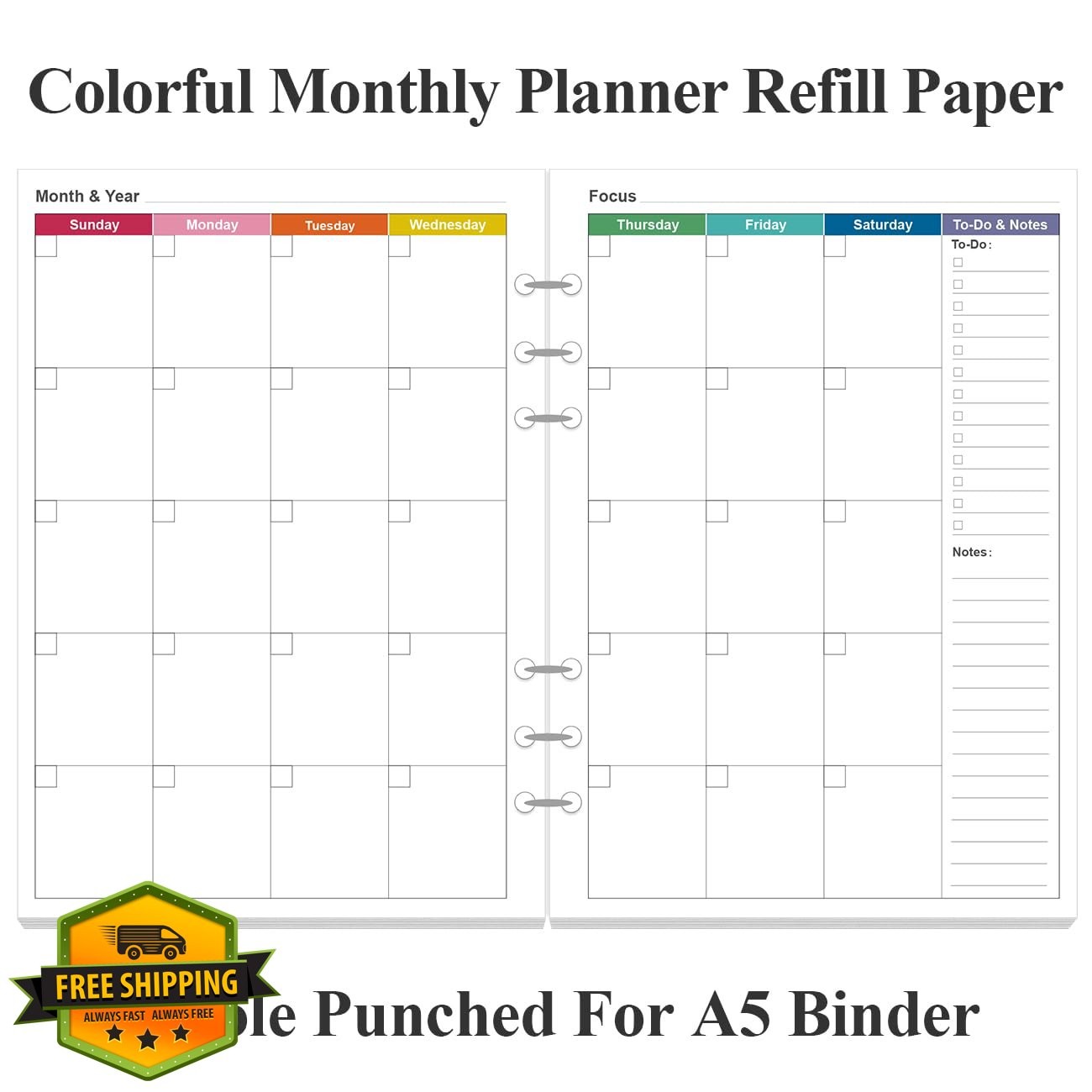 Yaridar 6-Hole Monthly Planner Refills