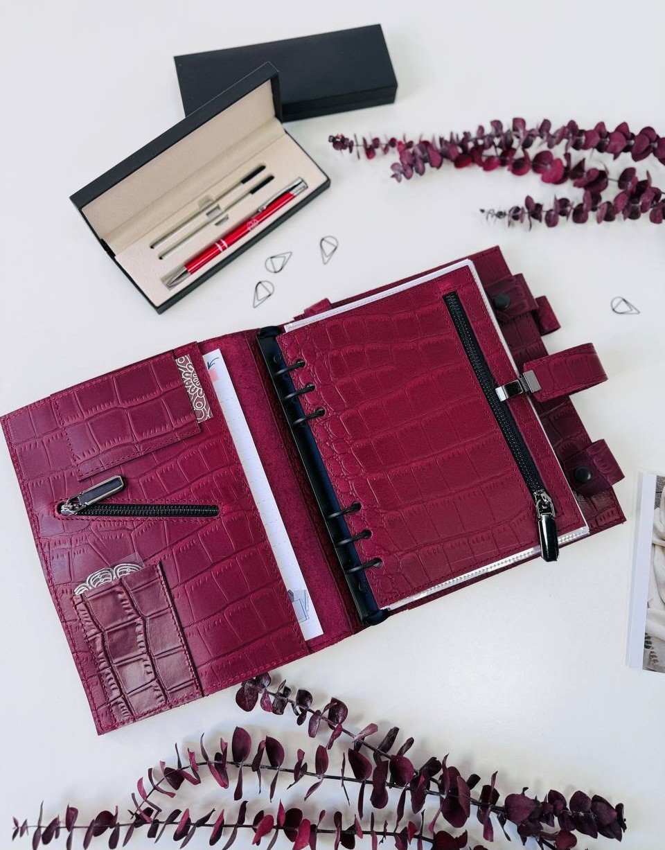 Burgundy Leather notebook cover A5 model 3in1 organizer.Lather planner binder.