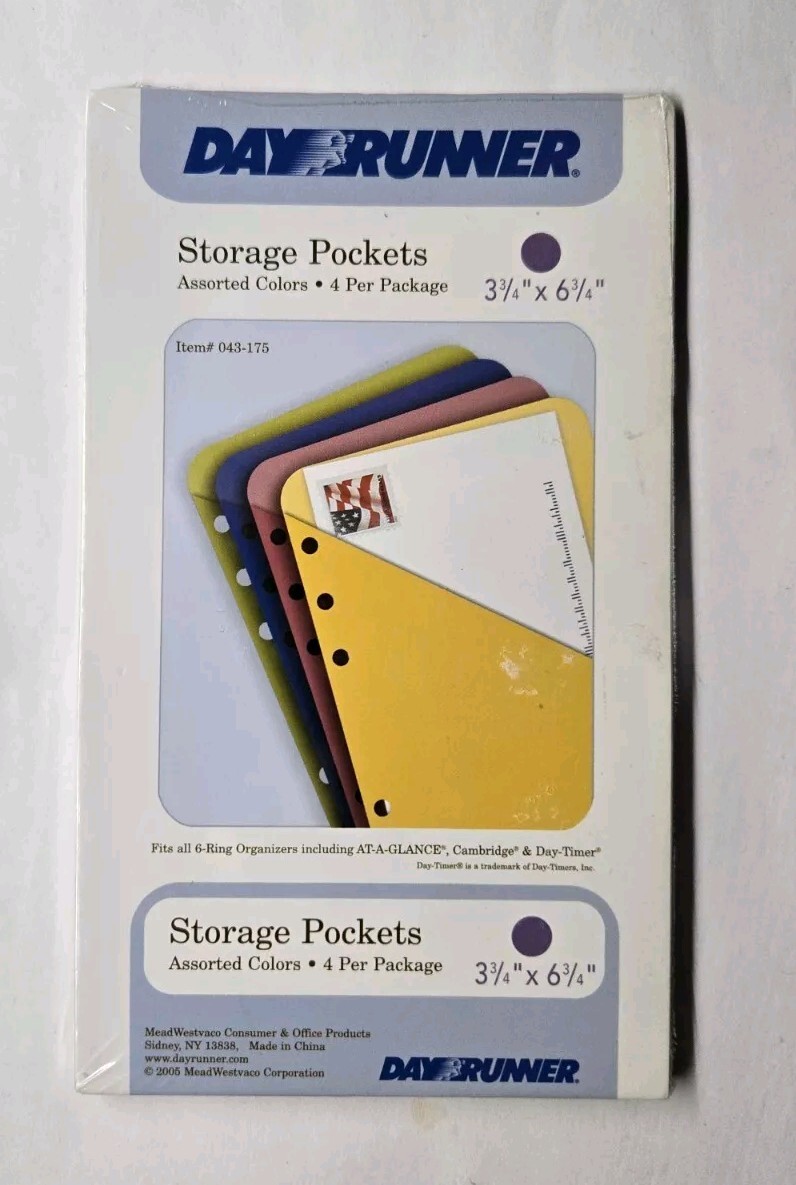 Day Runner Storage Pockets 4 Count Assorted Colors 3 3/4″ x 6 3/4″ 6 Ring