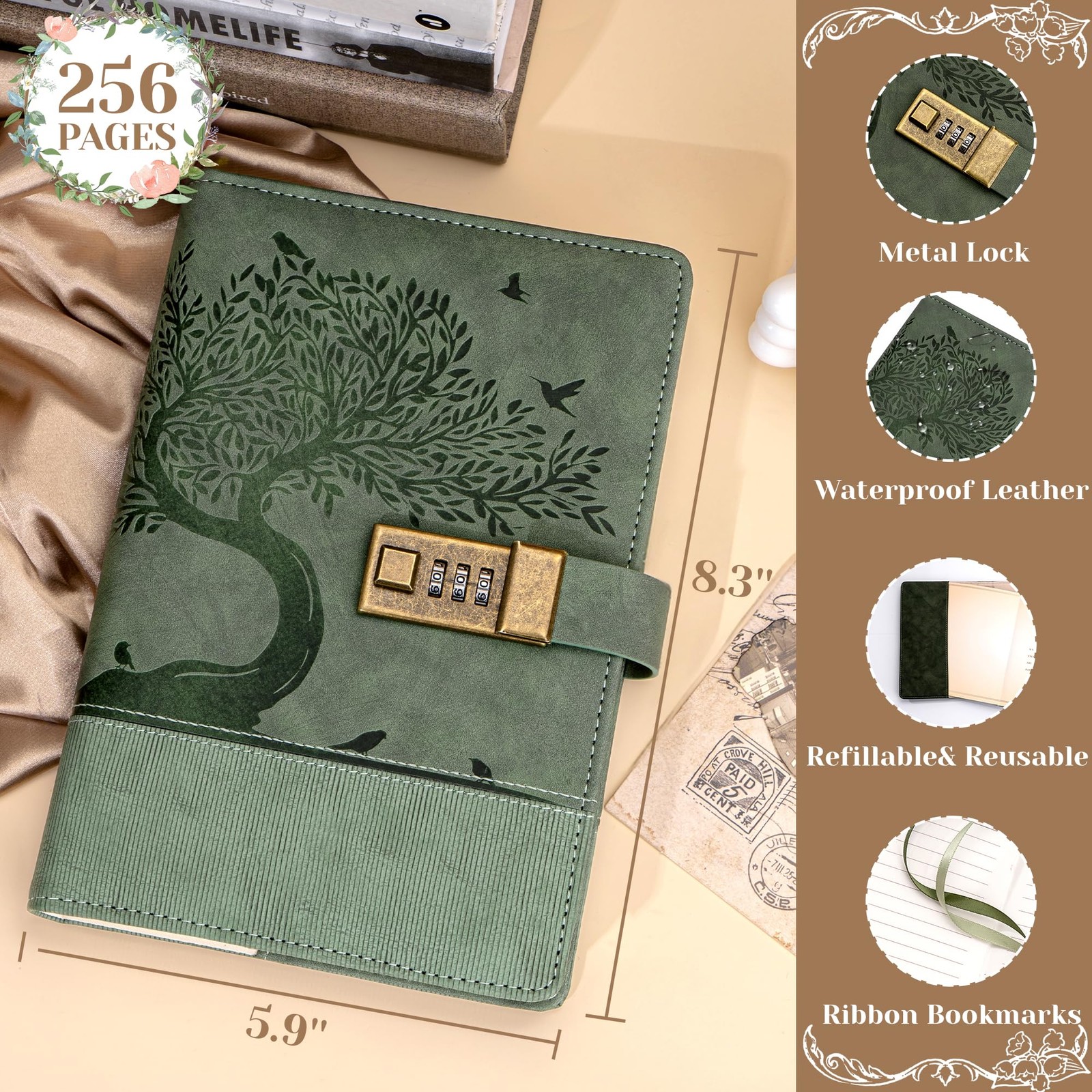 MINICAGIE Vintage Diary with Lock for Women Girls 256 Pages Leather Green