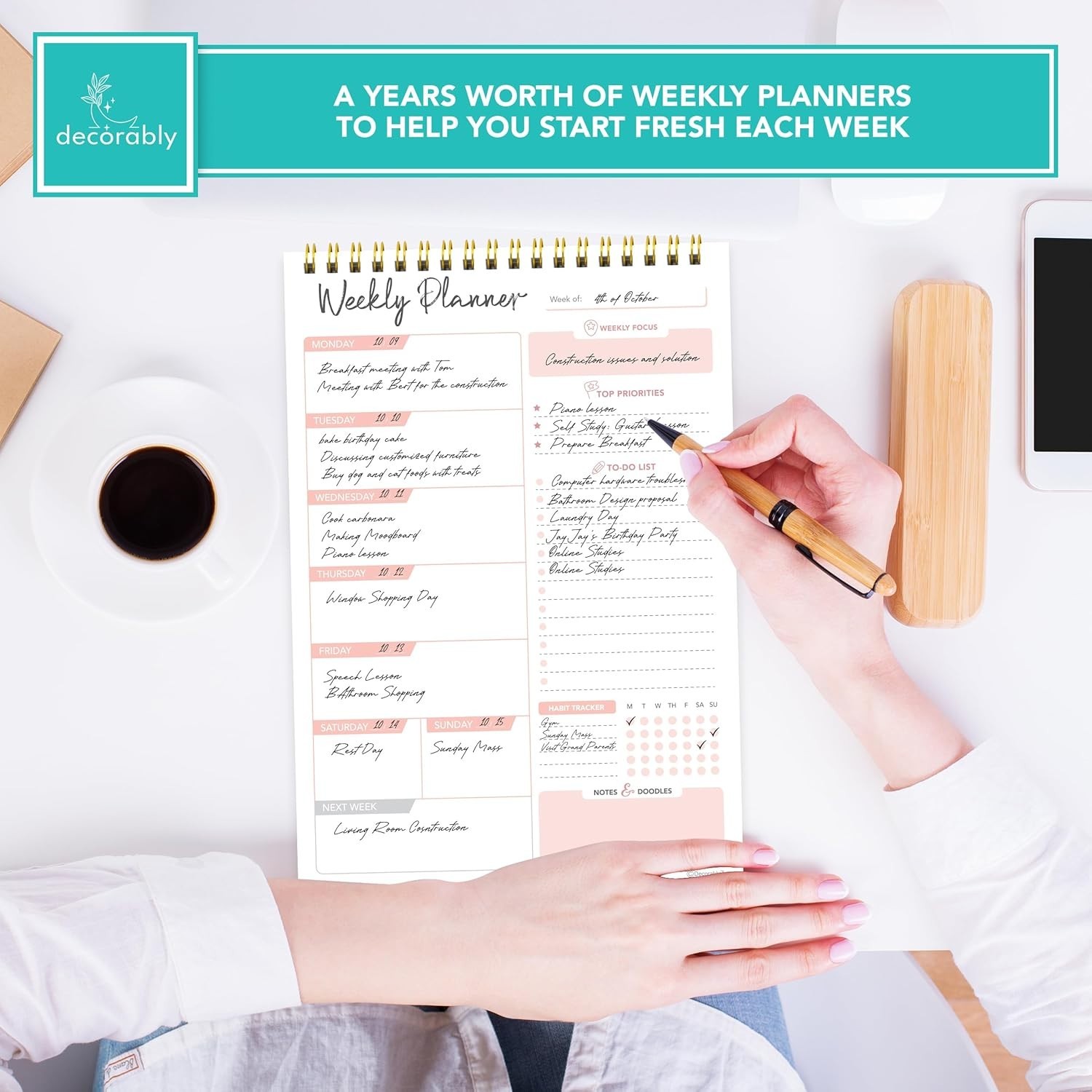 Decorably 52 Sheets Nude Pink Undated Weekly Planner Notepad, 6.5x10in Spring…