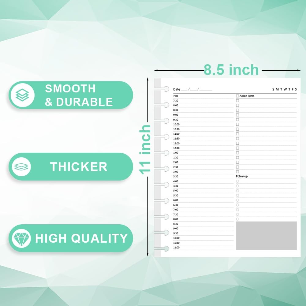 Letter Size Undated Daily Planner Refills, A4 8.5 X 11 Inch 100 Sheets, White