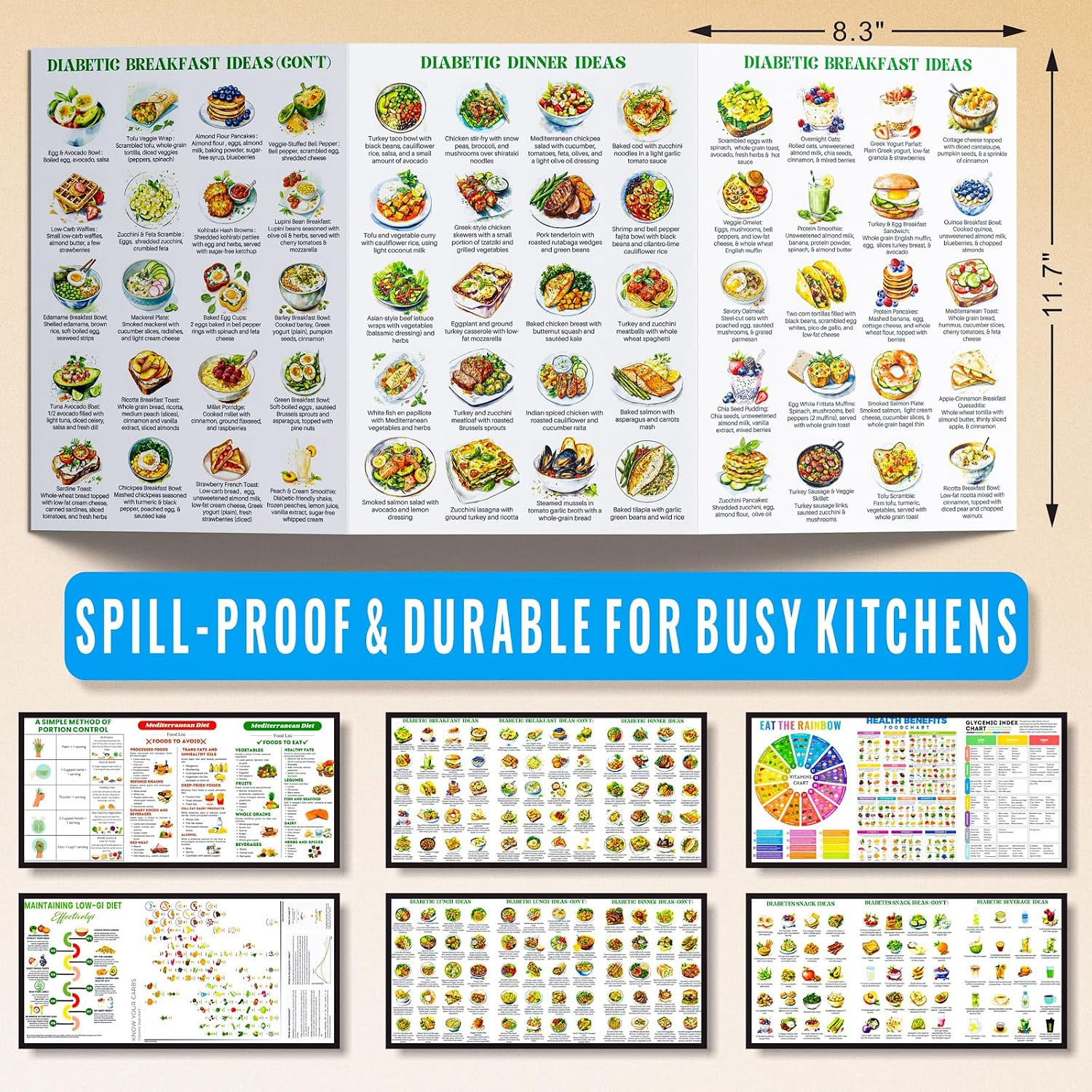 Set of 3 Diabetes Food List Daily Meal Planner – Glycemic Index, Carb Tracker