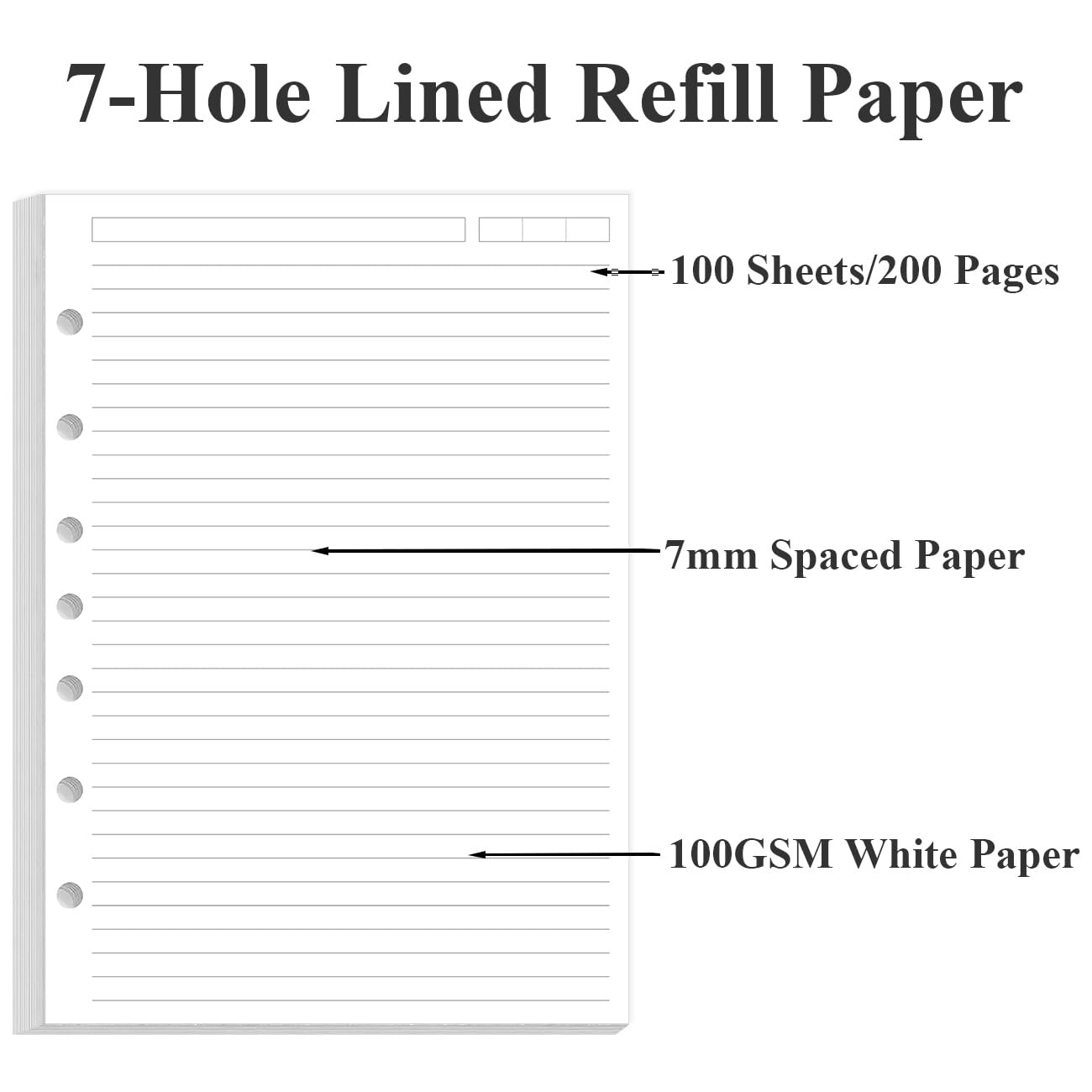 7-Hole Lined Paper Refills for Mini Binder – 100 5.8″ x 8.5″ – 7-Hole, White