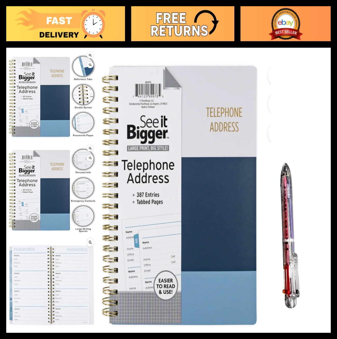 Large Telephone & Address Book with Password Pages, 5.5″ x 8″, Assorted Colors