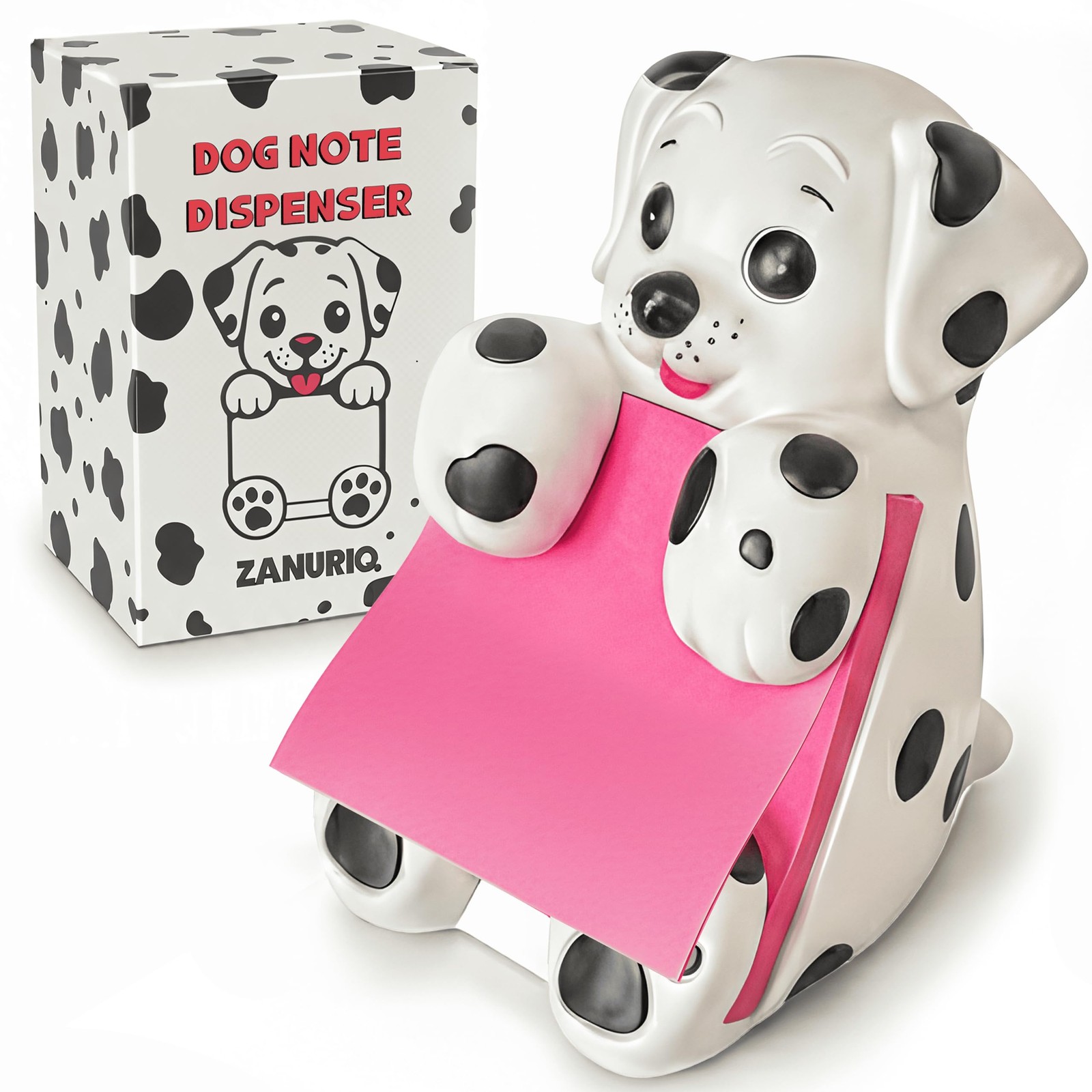 Dog Post it Note Dispenser for Desk 3.7″ x 3.1″, White (Black Spots)