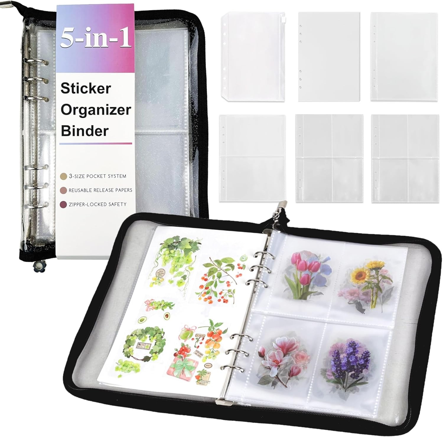 5-in-1 Sticker Organizer Book Reusable A5 Storage Binder with 220 Pockets,10 Rel