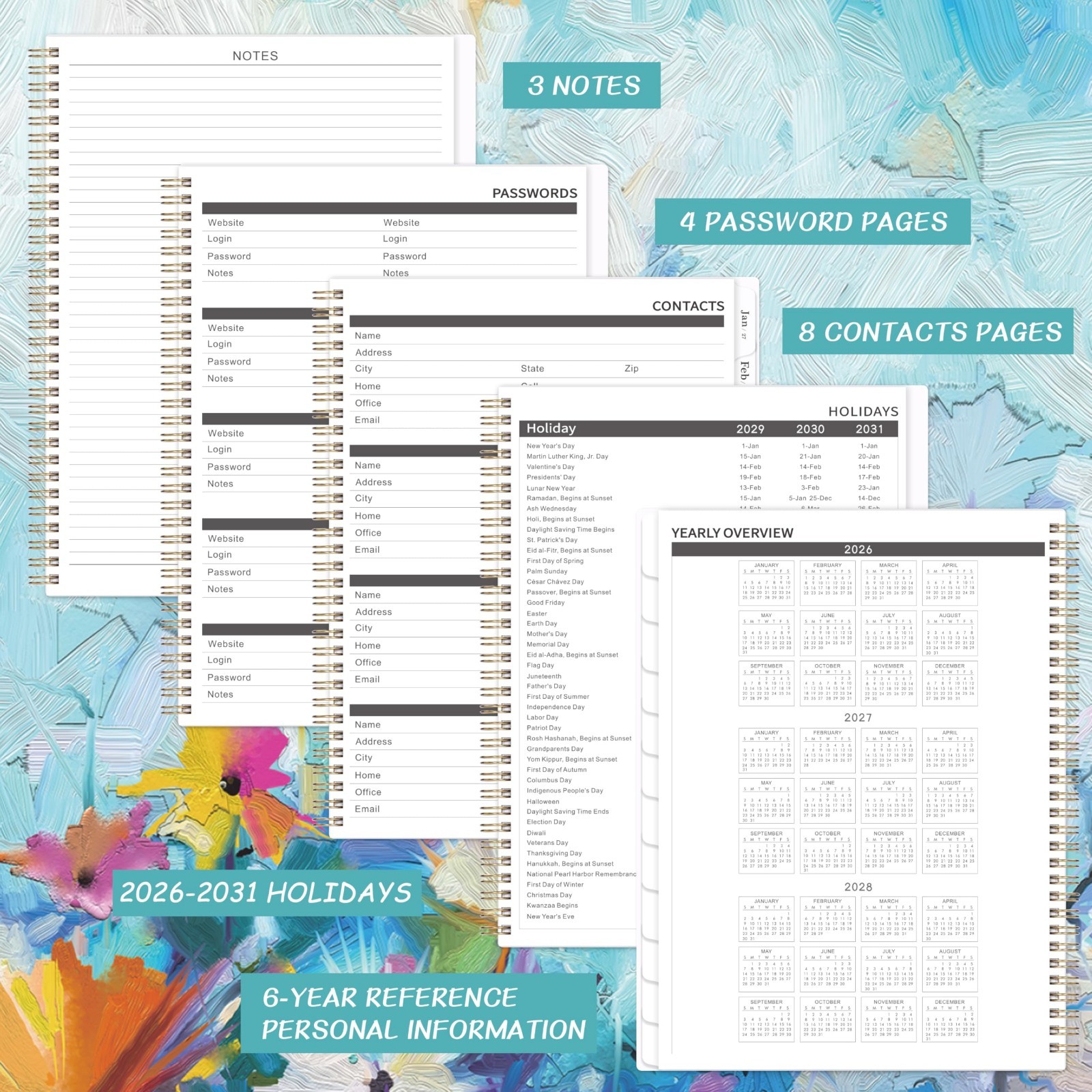 5-Year Monthly Planner 2026-2031, 9″x11″, Twin-Wire, 60 Tabs, Back Pocket, Water