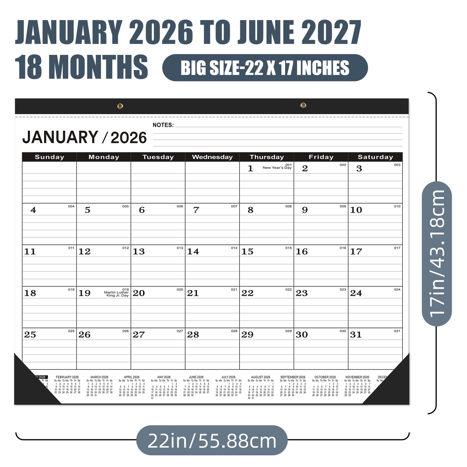 Desk Calendar 2026 Large 22 x17, 2026-2027-JAN-3PCS, Black