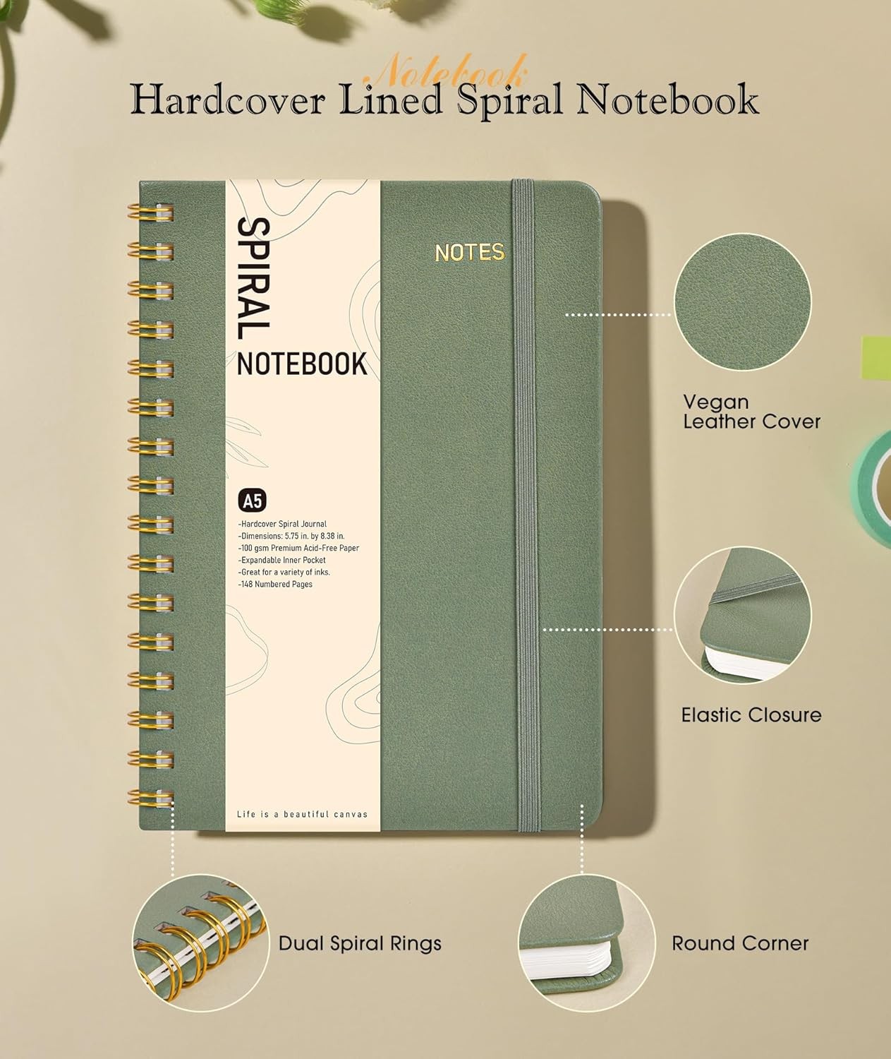 Graph Spiral Journal Notebook, A5 Hardcover Spiral Journals for Women Men, 100 G