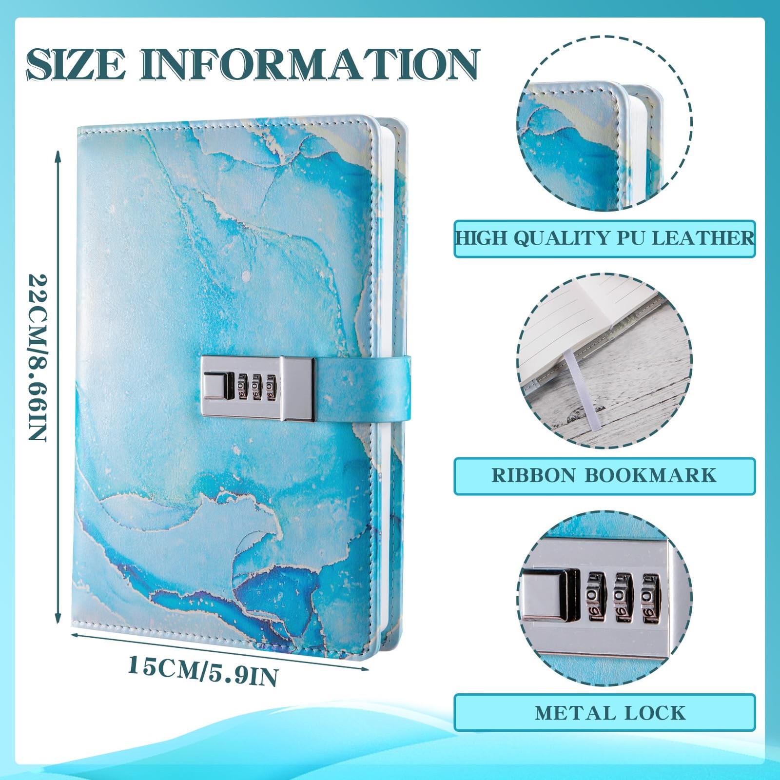 Locking Journal Diary with lock, Password Combination Notebook Journal Blue