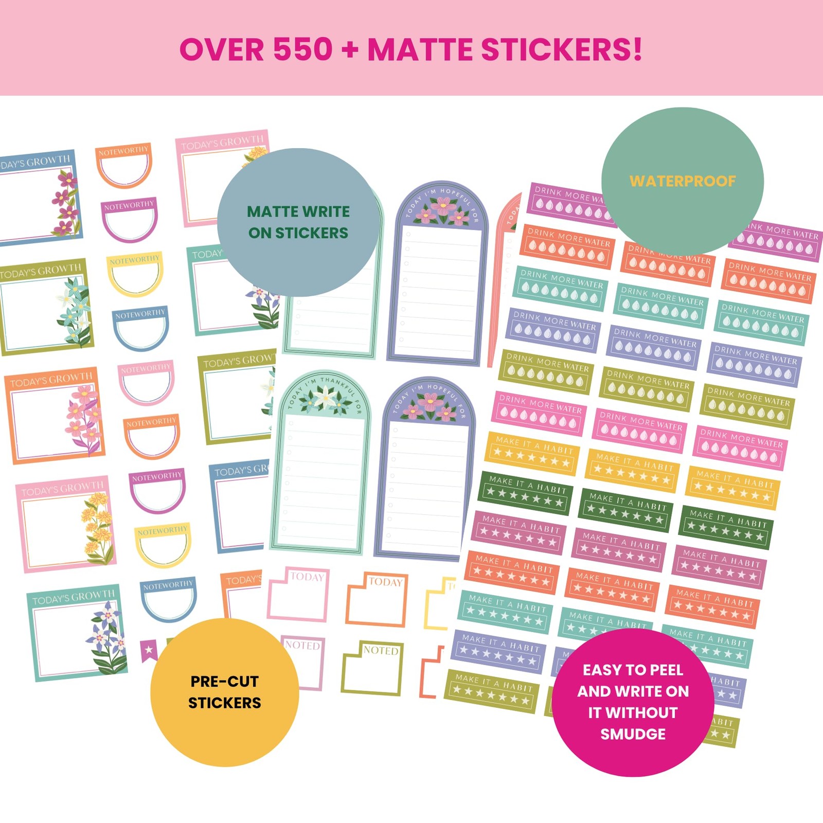Wellness Sticker Book for Planners — 25 Sheets, 550+ Size: 9.5″ x 5.5″, Pink