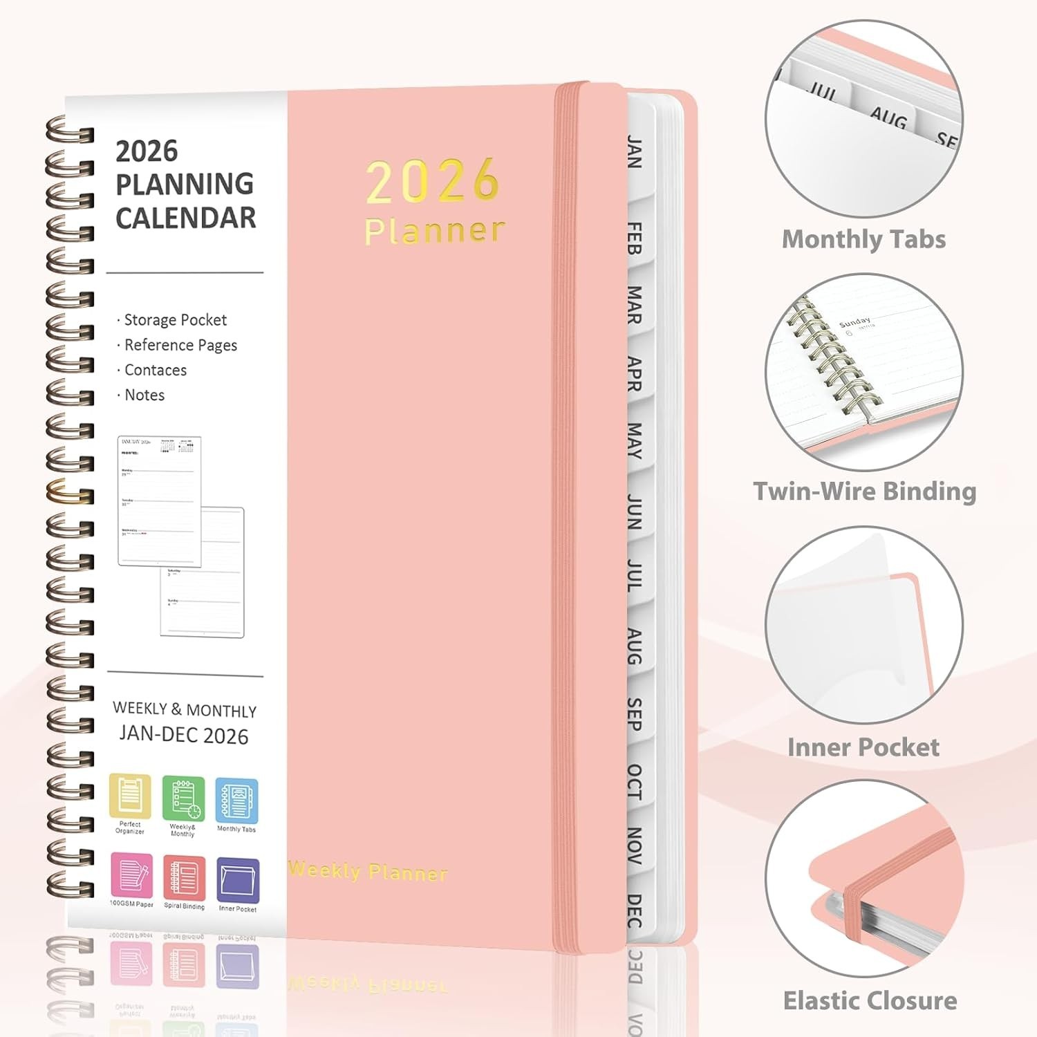 Versatile A5 2026 Planner – Monthly & Weekly Layouts, Elastic Closure & Pocket