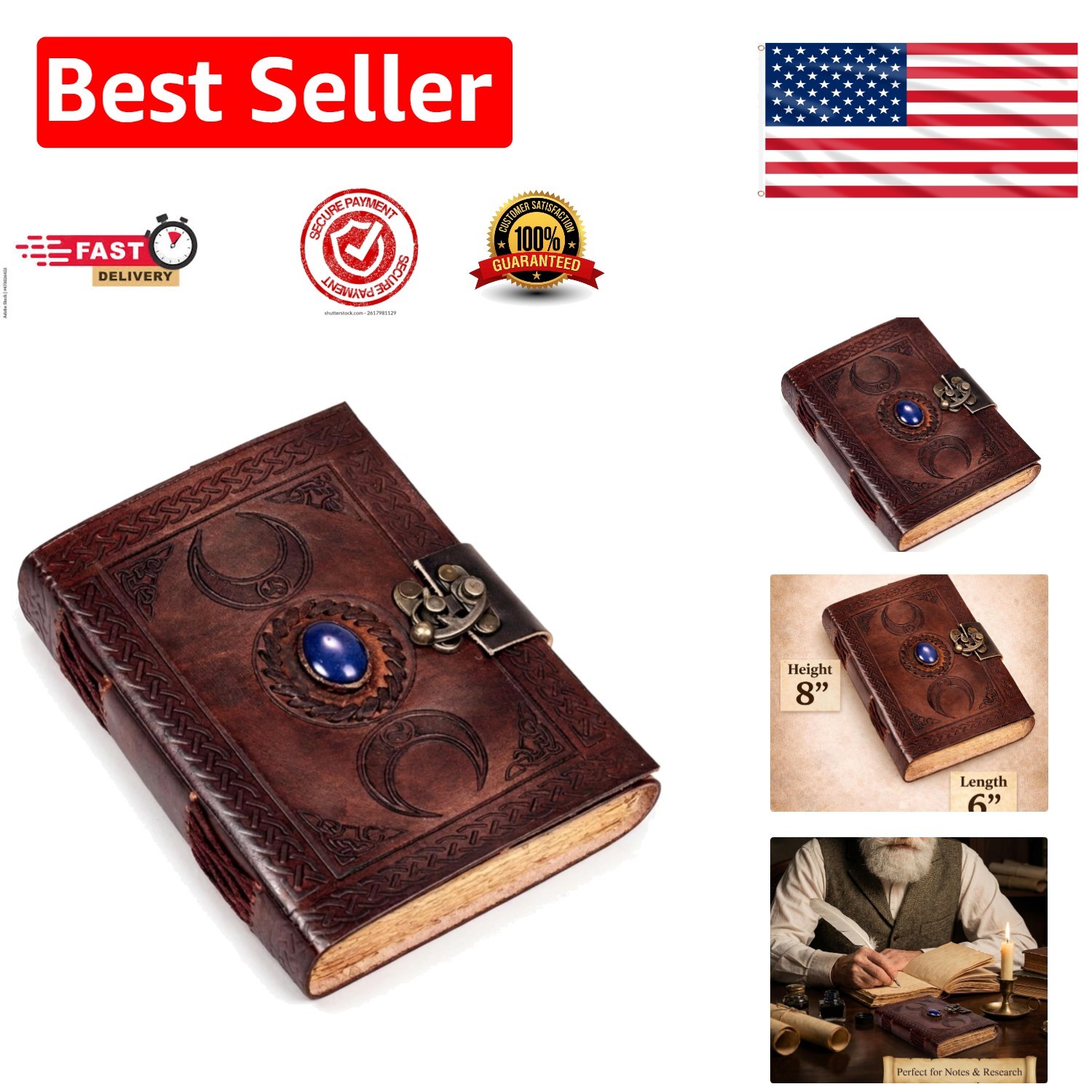 3 Moon Blue Lapis Embossed Vintage Leather Journal | 240 Pages of Antique Han…