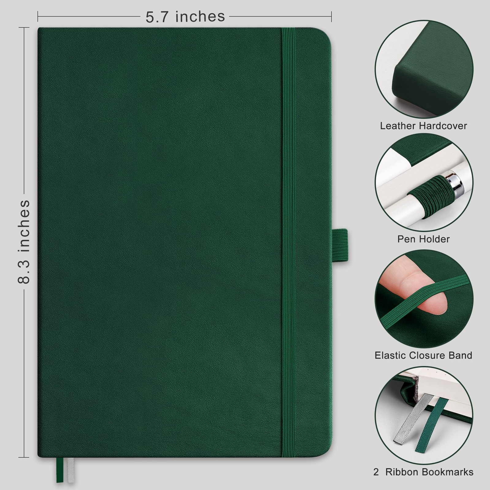 RETTACY Dotted Journal Notebook, 256 Pages, A5 Medium Size (5.7” Dark Green