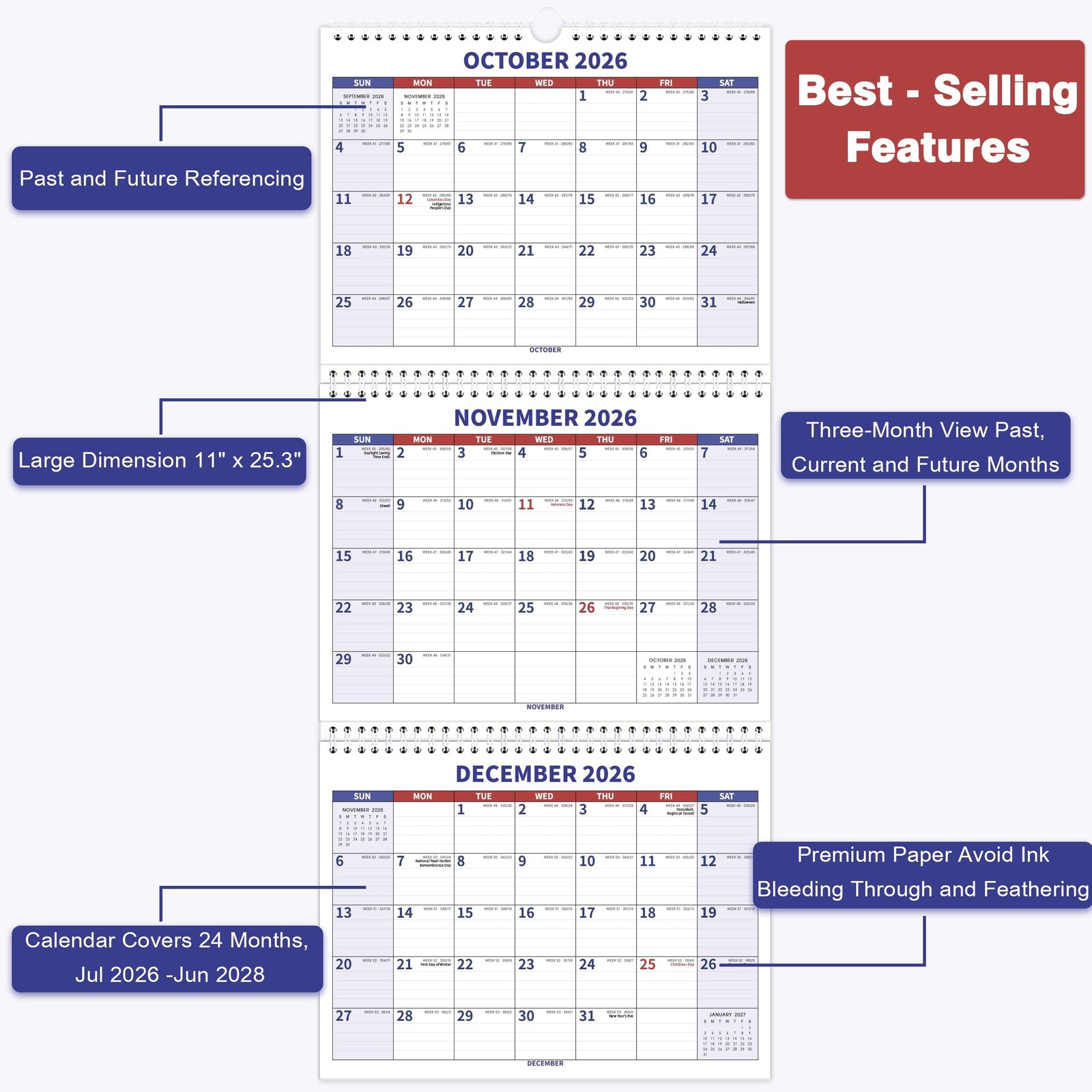 2026-2028 Wall Calendar – July 2026 – June 2028, 3 Month Wall Calendar 202