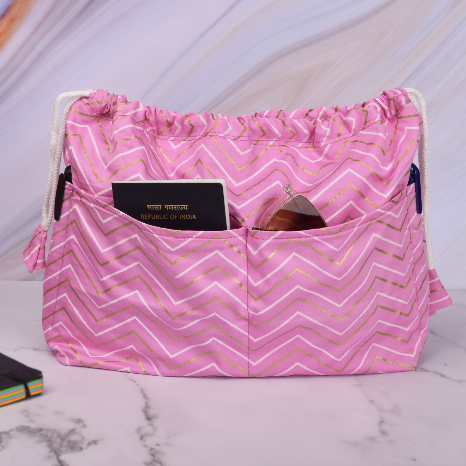Zigzag Drawstring Planner Bag, Travel Organizer, Journal Supplies Storage Case