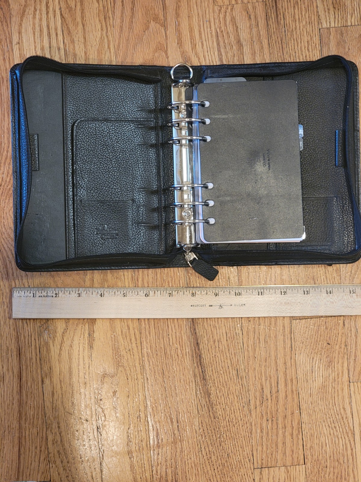 FRANKLIN QUEST Zip Binder 1994 w/ Inserts Vintage 6 Ring Black Top Grain Leather