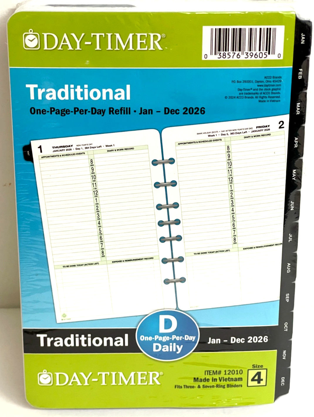 New Sealed Day-Timer Jan 2026–Dec 2026 One Page Per Day Planner 7-Ring Refill