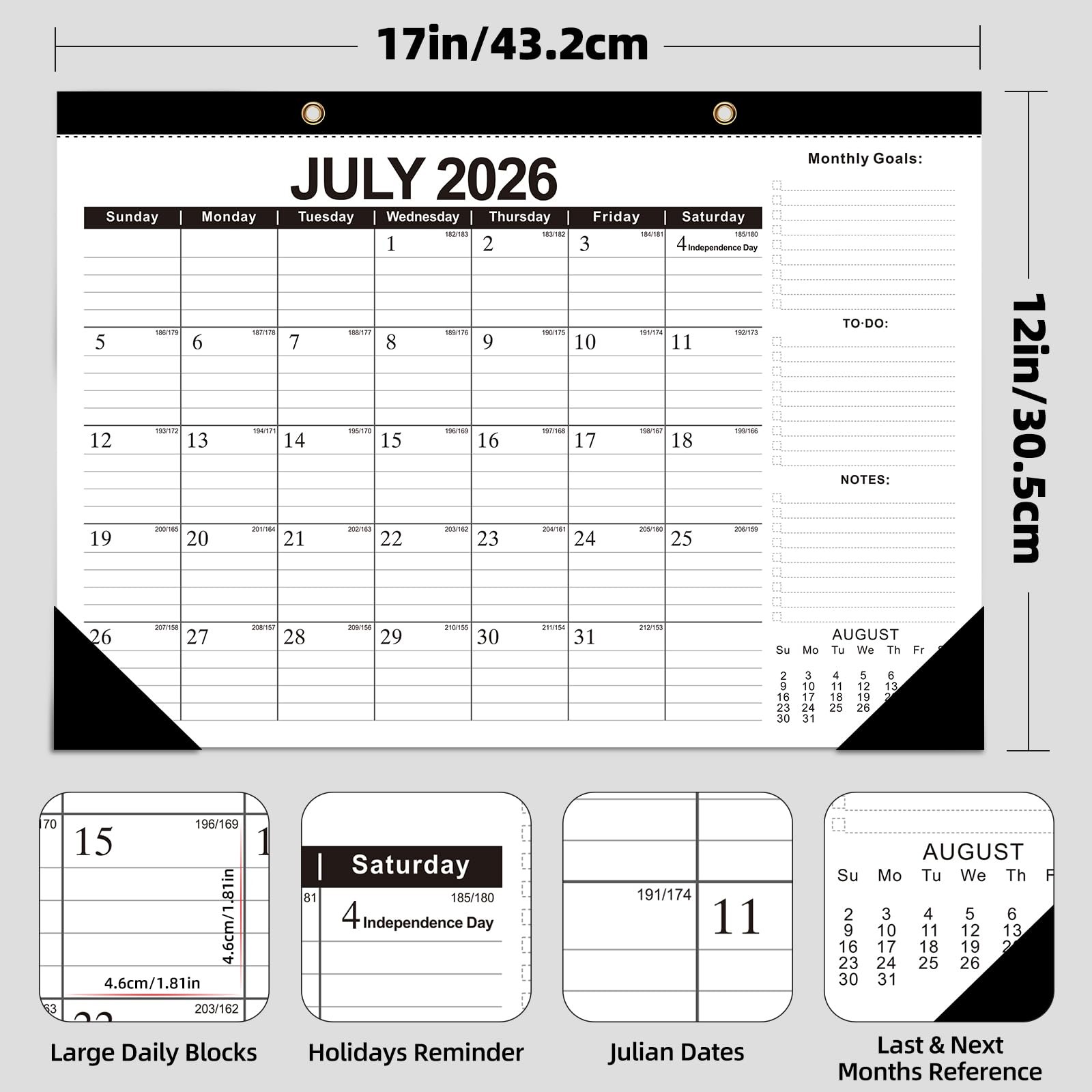 ZTX Desk Calendar 2026-2027 Wall 17″x12″Jul.2026-Dec.2027, Black