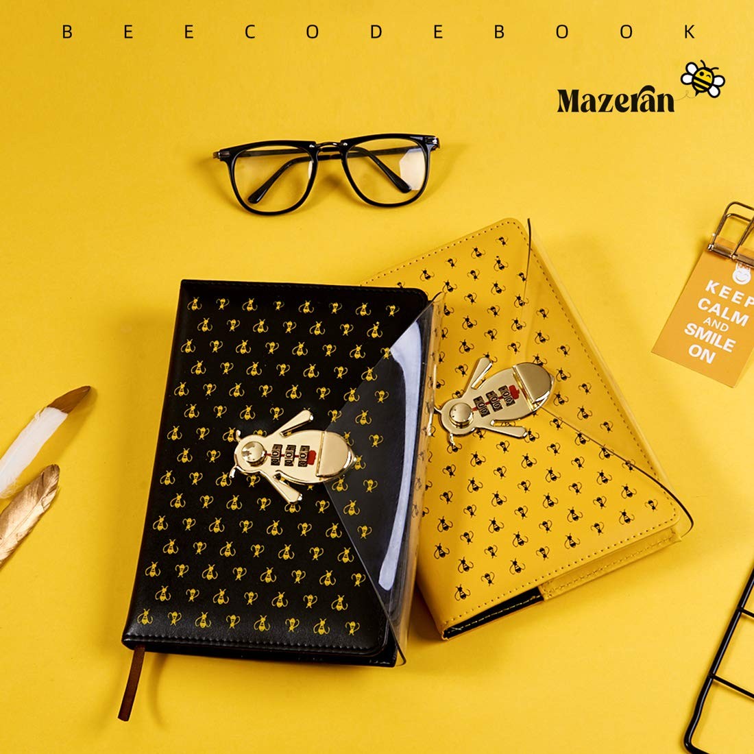 Mazeran Bee Shaped Combination Lock Journal, PU Leather Hard Yellow Bees