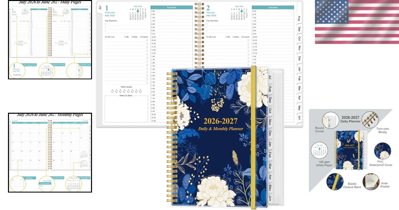 2026-2027 Daily Monthly Planner – Blue Leaf Design