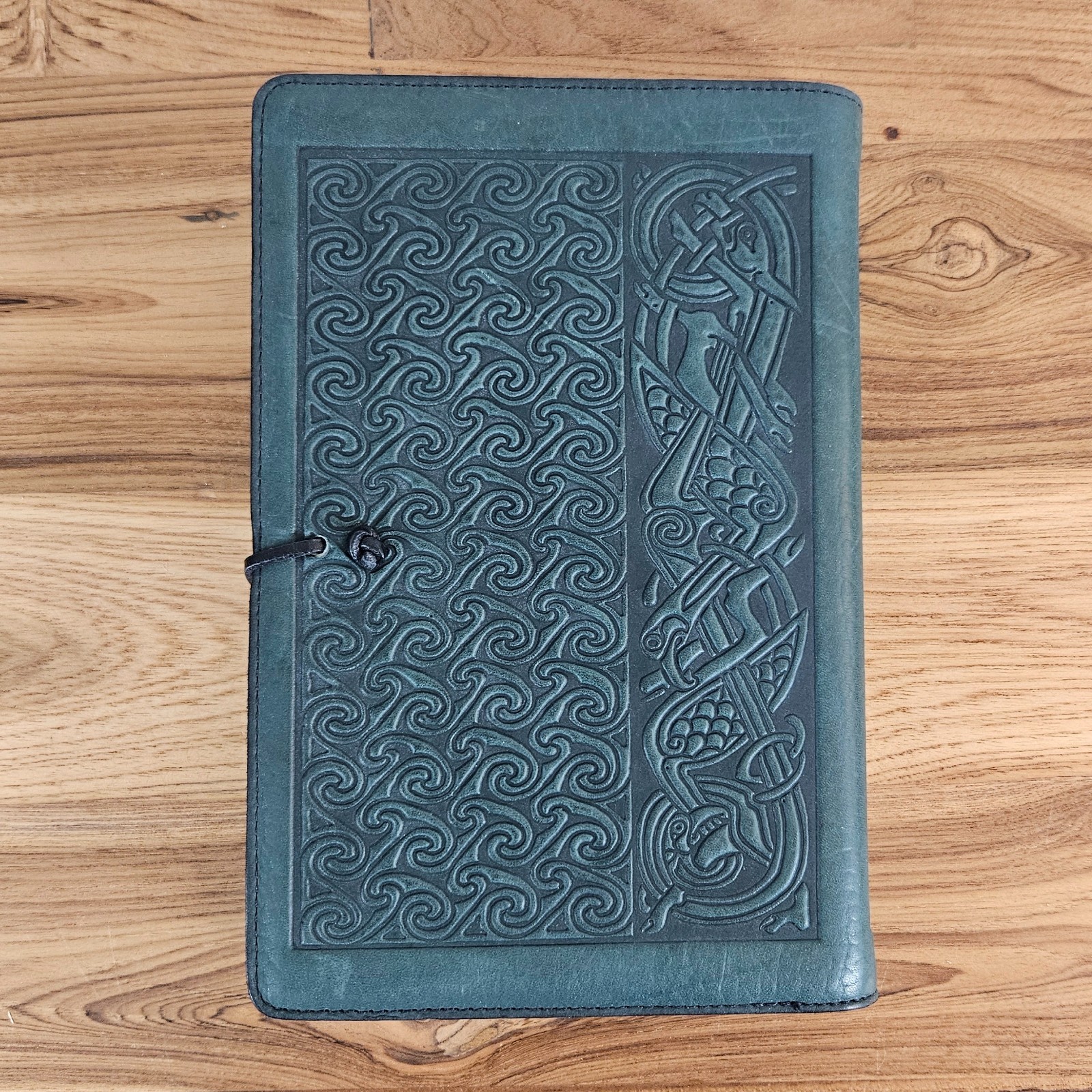 Oberon Design Leather Celtic Hounds 6×9 Journal, Green, NEW