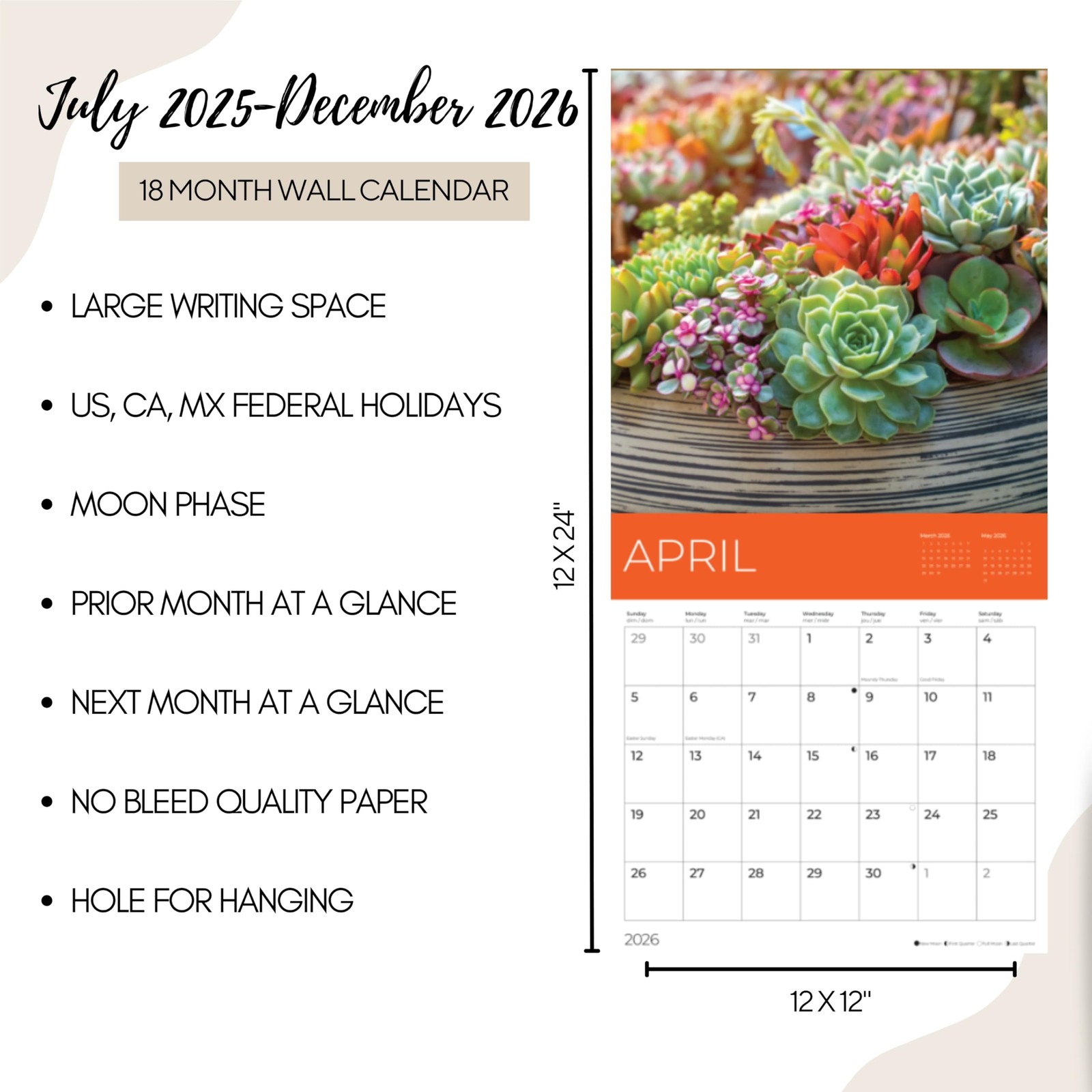 2026 Succulents Wall Calendar 18 Month | 12″ x 24″ Open | 12 x 12, Succelents