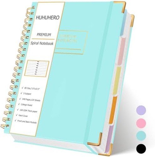Huhuhero Lined Spiral Notebook Journal, 5 Subject Notebook with Dividers, 7.6…
