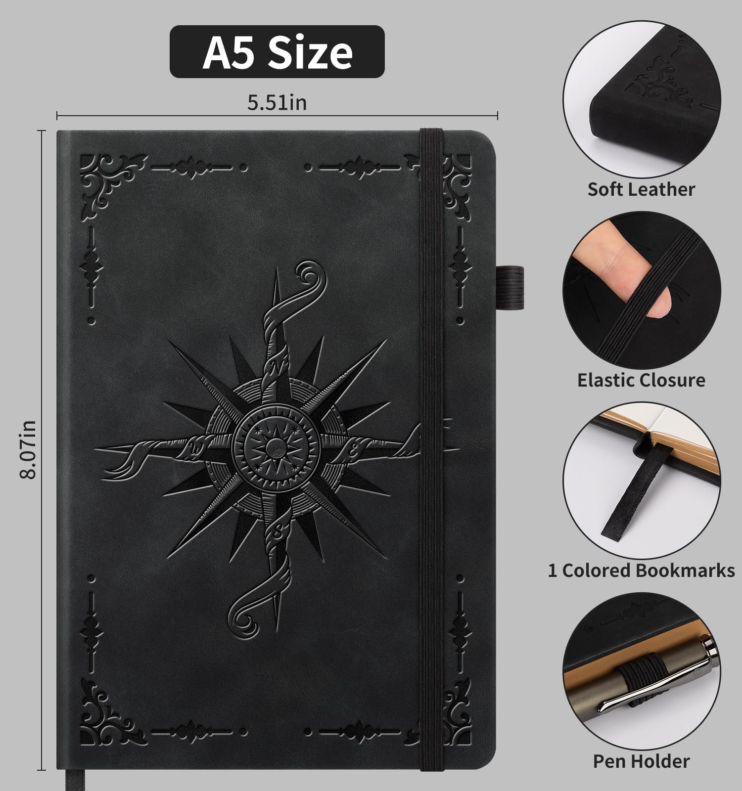 Lined Journal Notebook, A5 200 Pages Leather Journals For 200 Pgs-Black