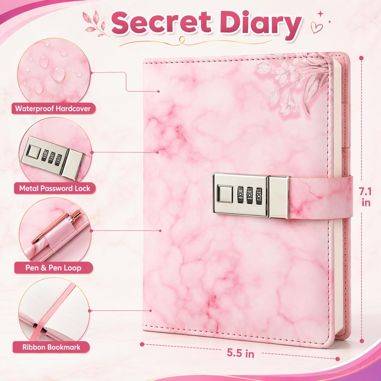 Secret Diary with Lock 256 Pages for Girls Ages 8-12 – Cute Gift Set with Pens