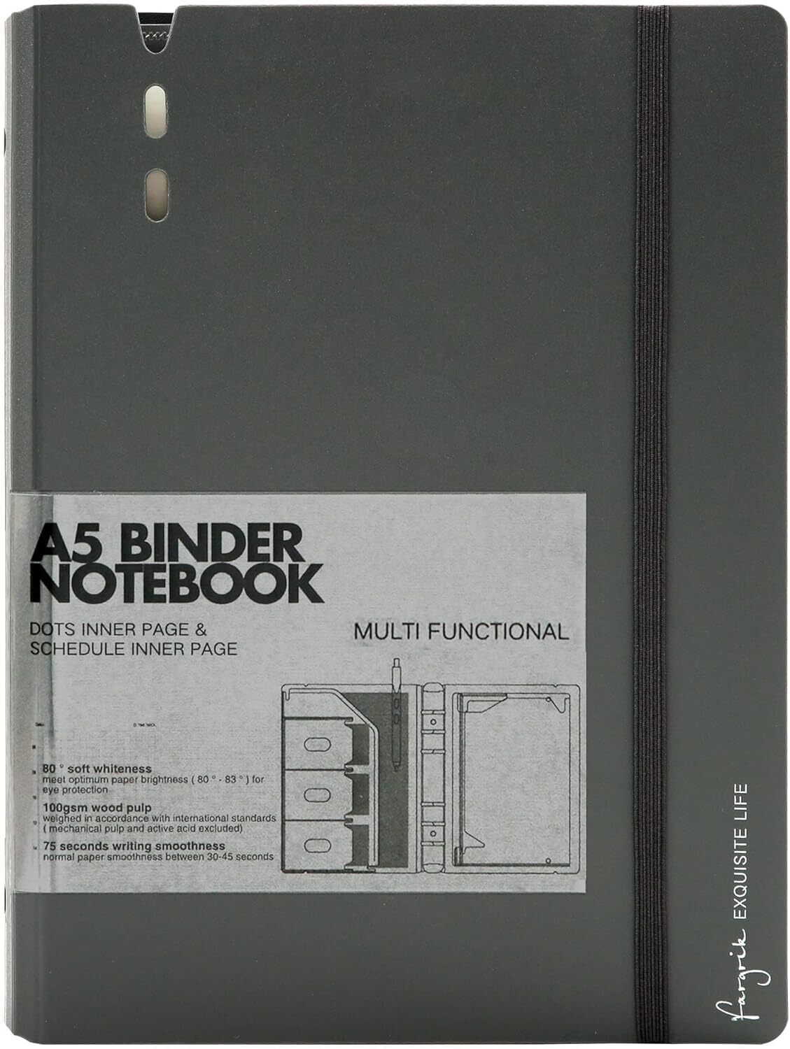 CAGIE A5 Binder 6 Ring Notebook with Dividers Daily&Dot Page, Grey