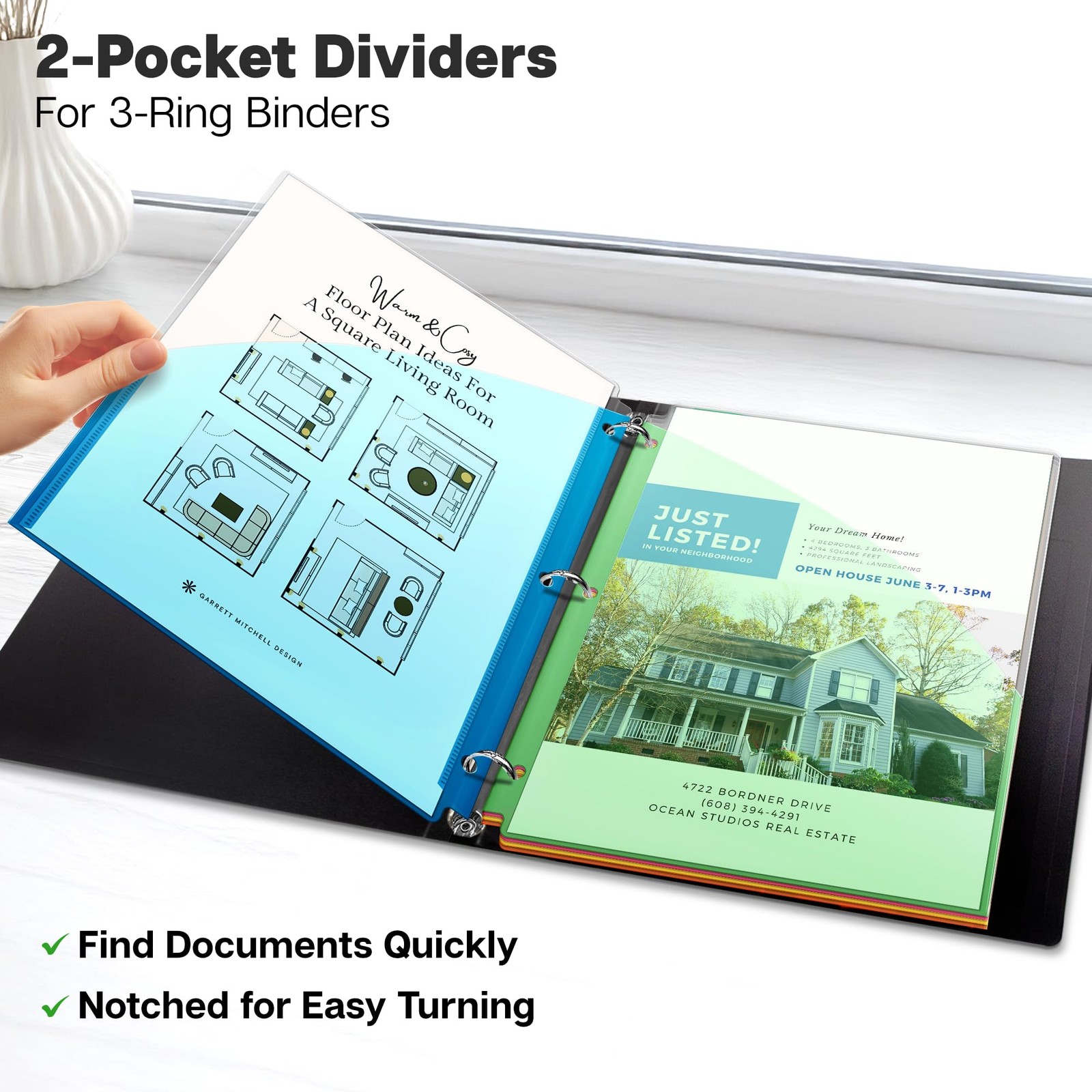 3 Ring Binder Pocket (1 Set, 5 Count) No Tab, Plastic Slash File Jackets for …