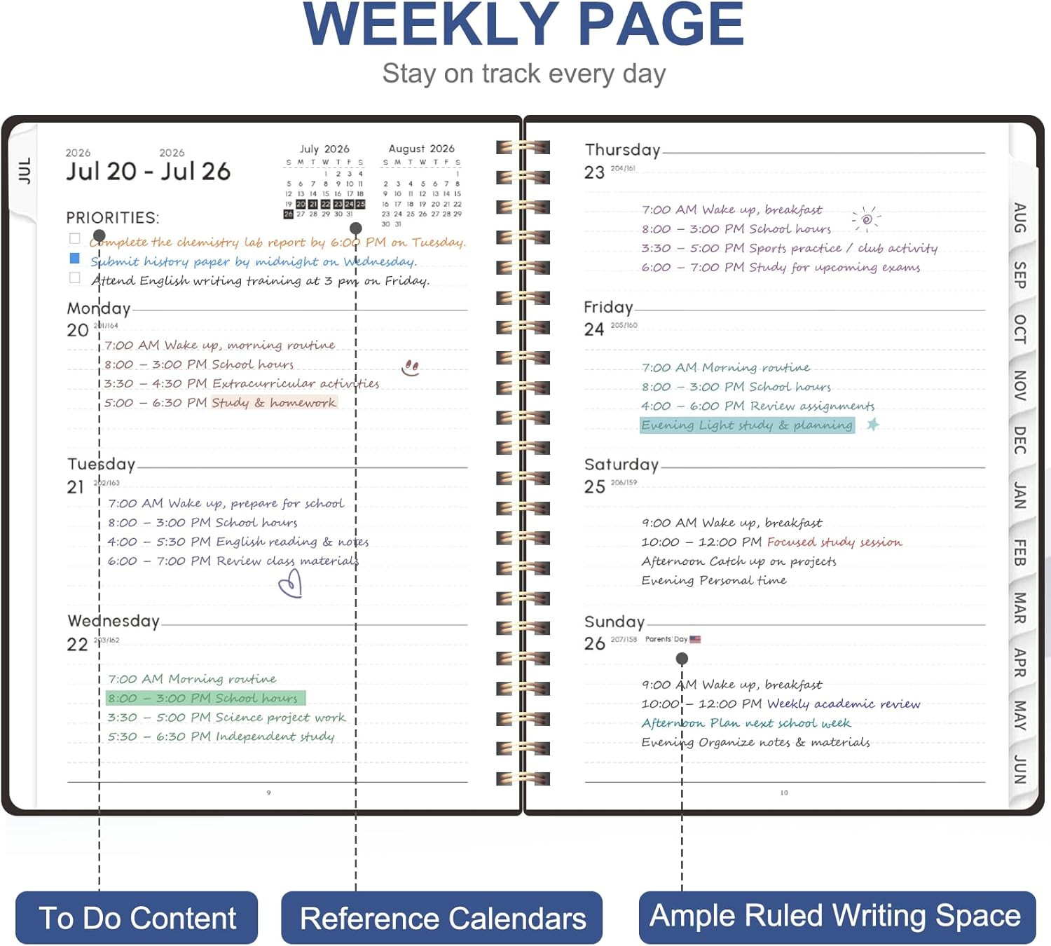 Planner 2026-2027, Weekly and Monthly Academic Year Calendar Planner, July 2026