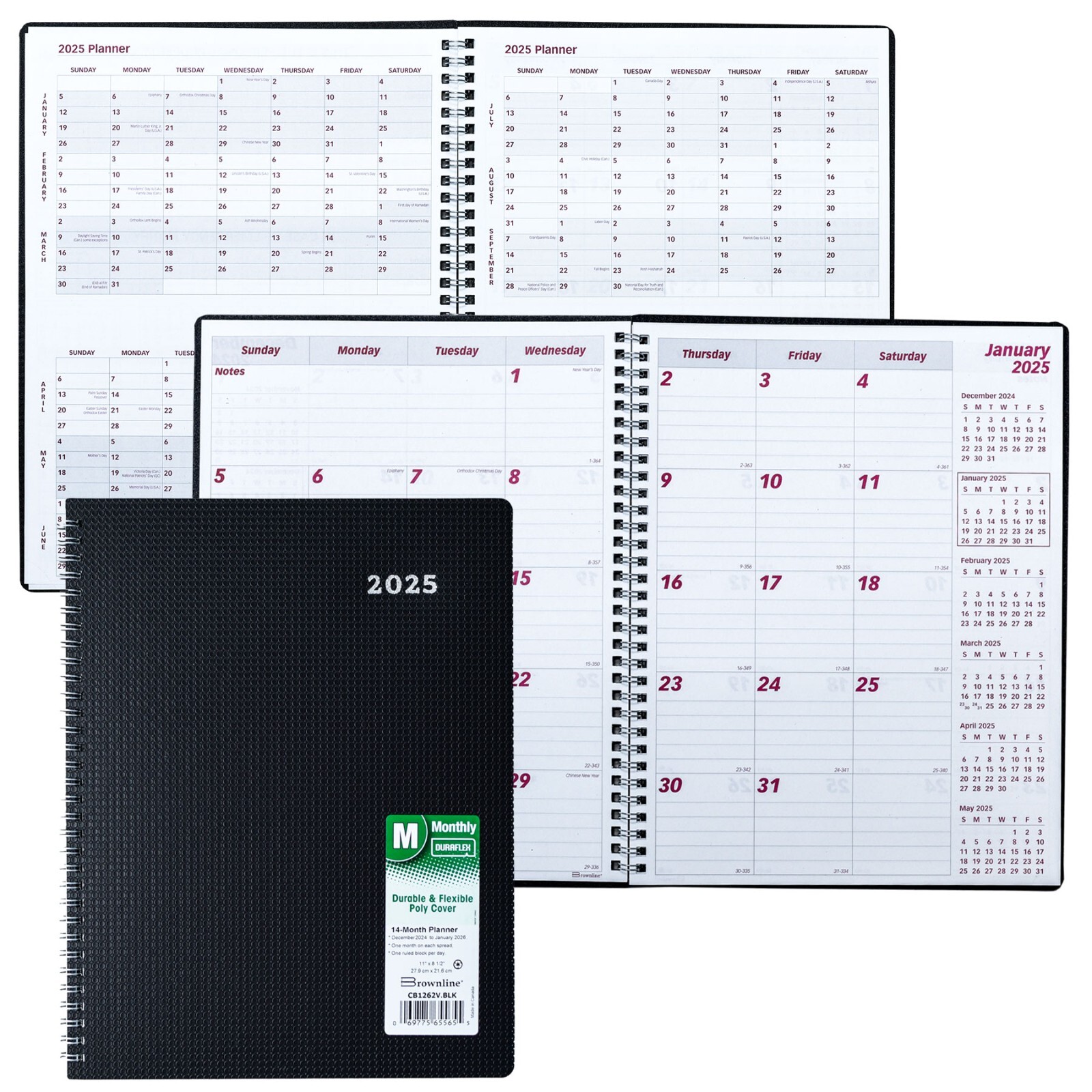 2025 Brownline CB1262V.BLK Duraflex Monthly Planner, 8-1/2 x 11″