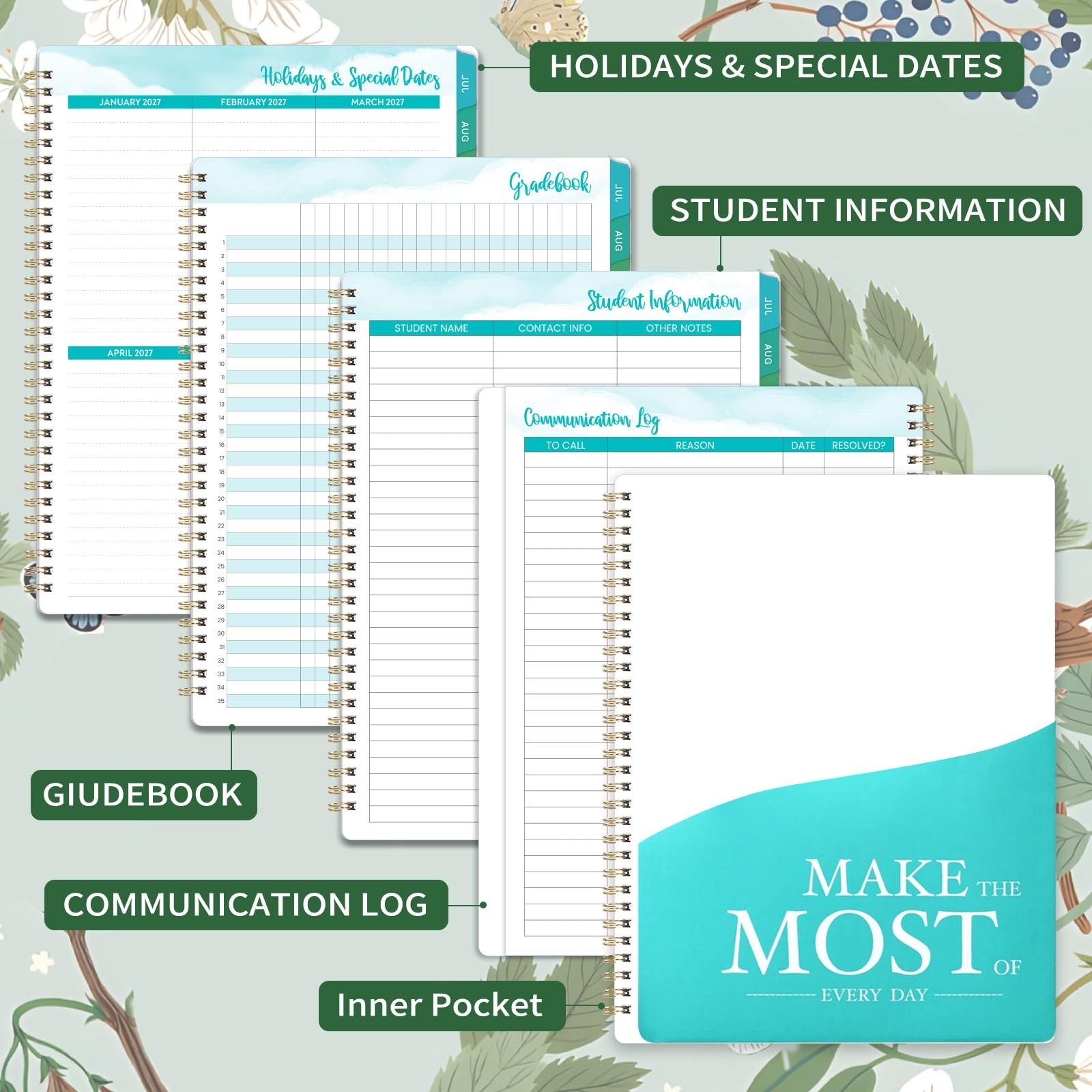 Teacher Planner 2026-2027 – Lesson 9″x11″, Green & Floral