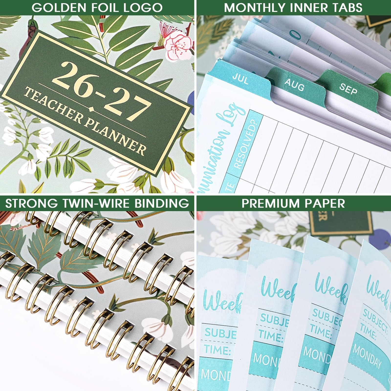 Teacher Planner 2026-2027 – Lesson 9″x11″, Green & Floral