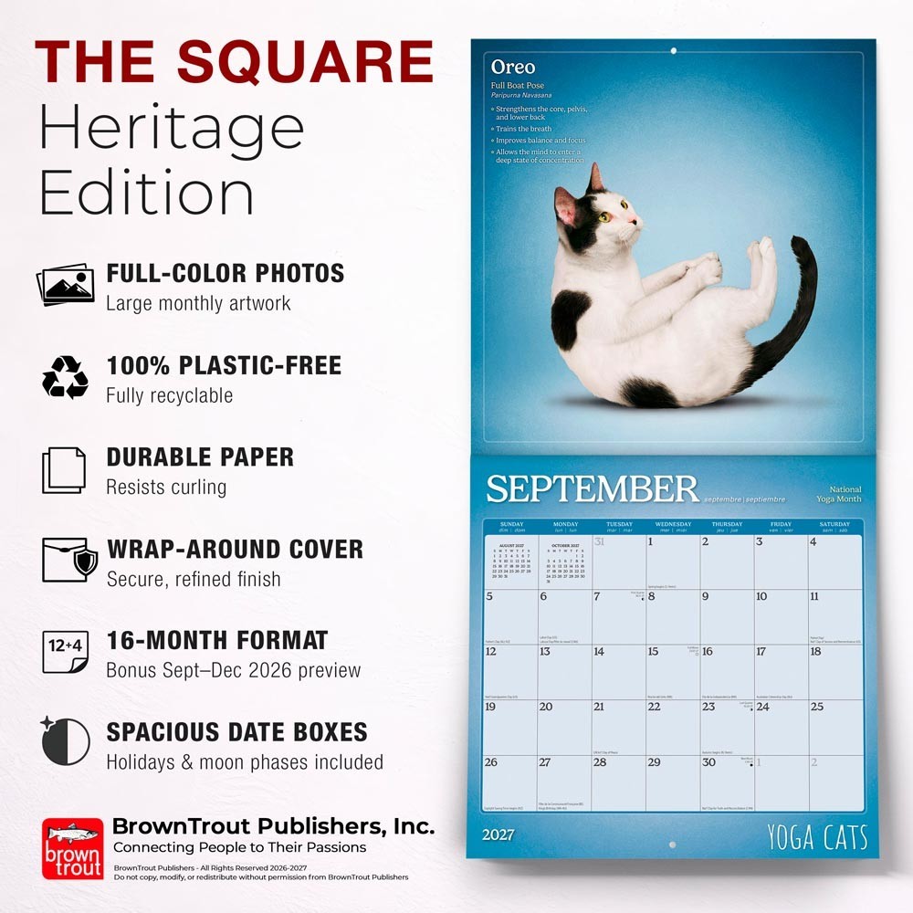Yoga Cats OFFICIAL | 2027 12×24″ (Hanging) Square Wall Calendar | Plastic-Free