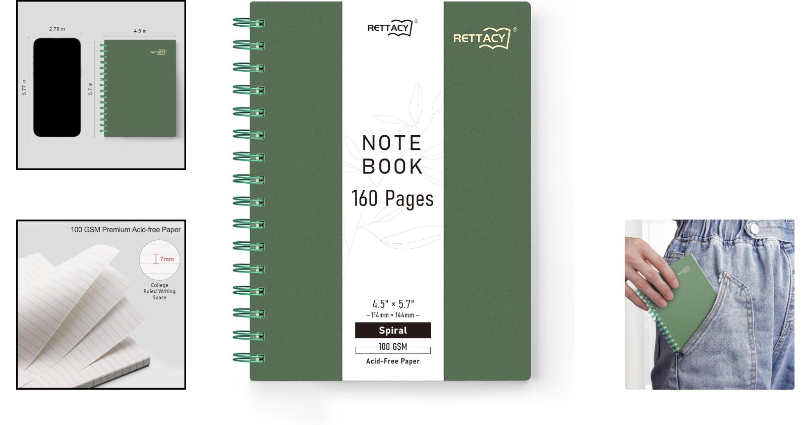 Pocket Green Notebook 160 Pages A6 Spiral Waterproof Writing Journal