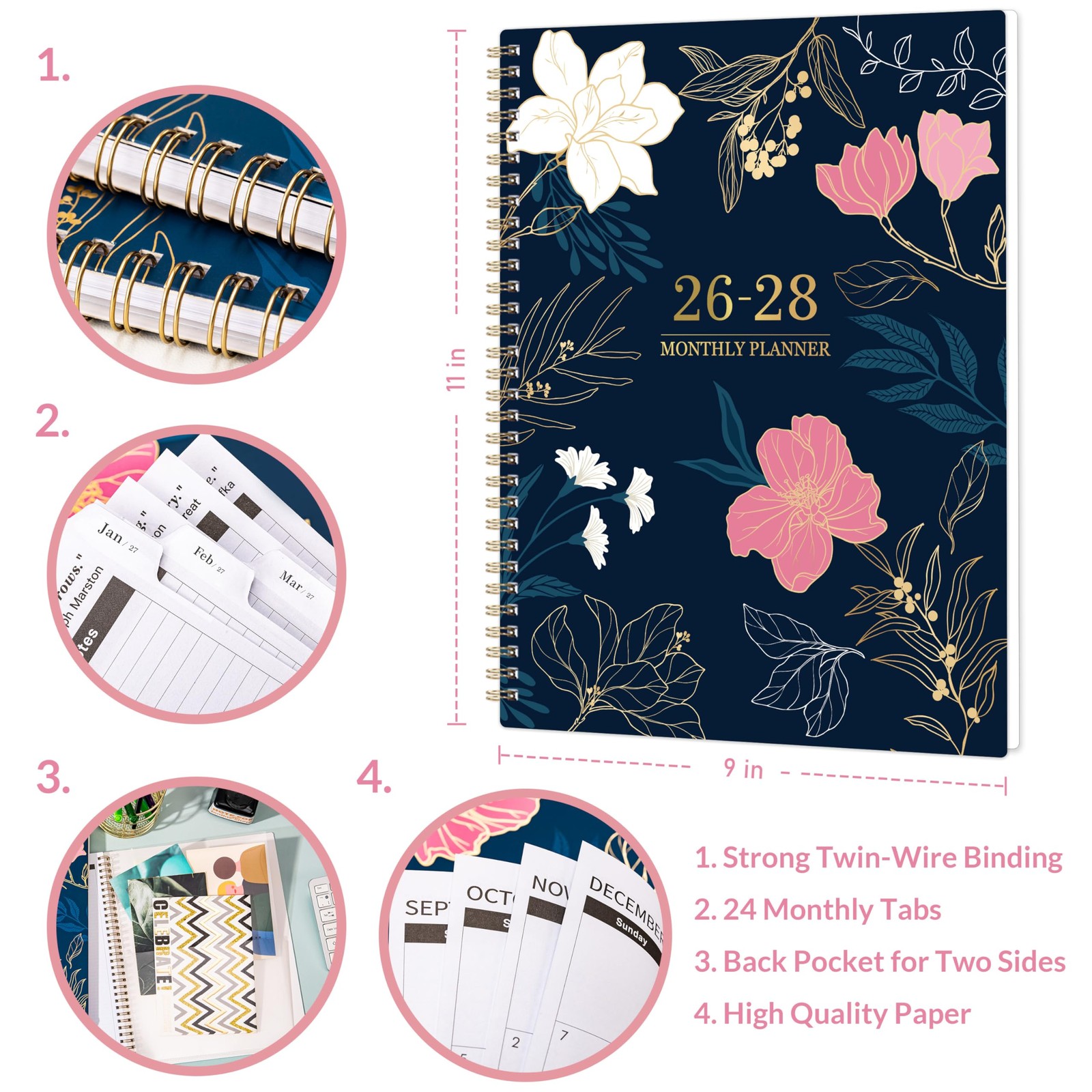 2025 to 2026 Monthly Planner Calendar 9×11 Inch with Tabs