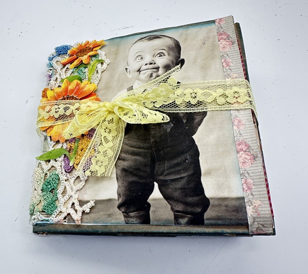 Junk Journal Young Boy Orange Yellow Flowers 6×5 Inches With Coffee Dyed Paper