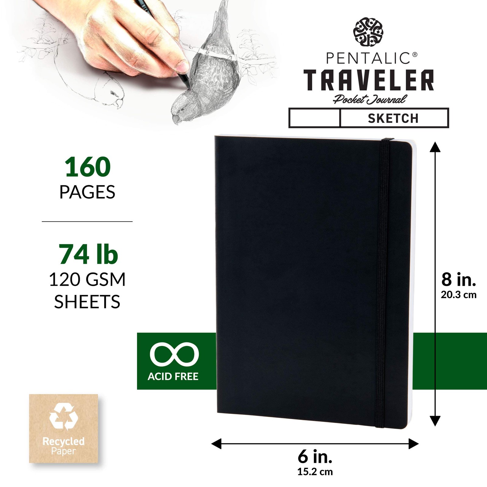 Pentalic 6″ x 8″ Pocket Sketchbook Traveler Journal, 160 Pages, Black
