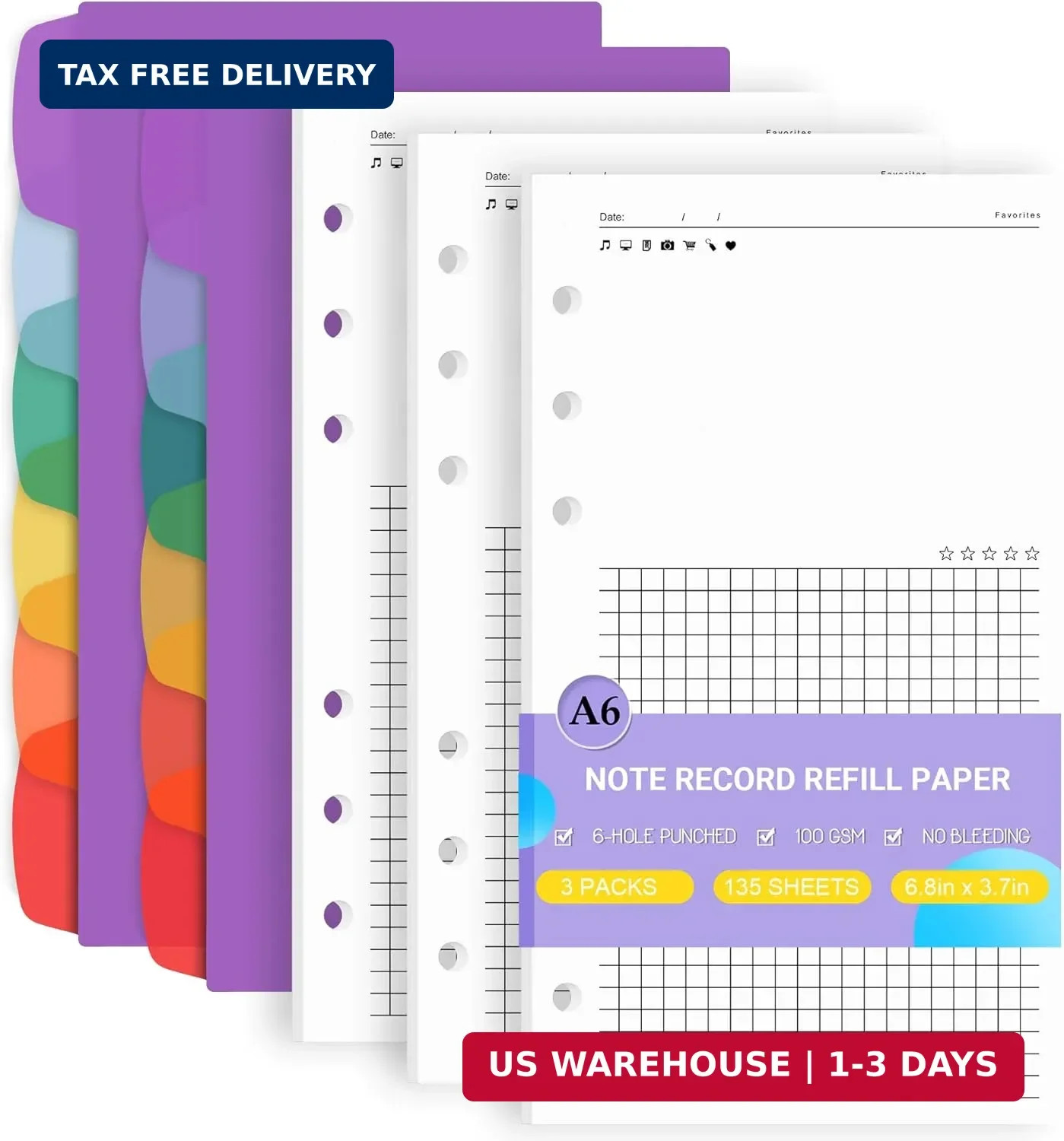 Antner A6 Note Records Refill Paper 6 Hole Planner Inserts for A6 6-Ring Refilla