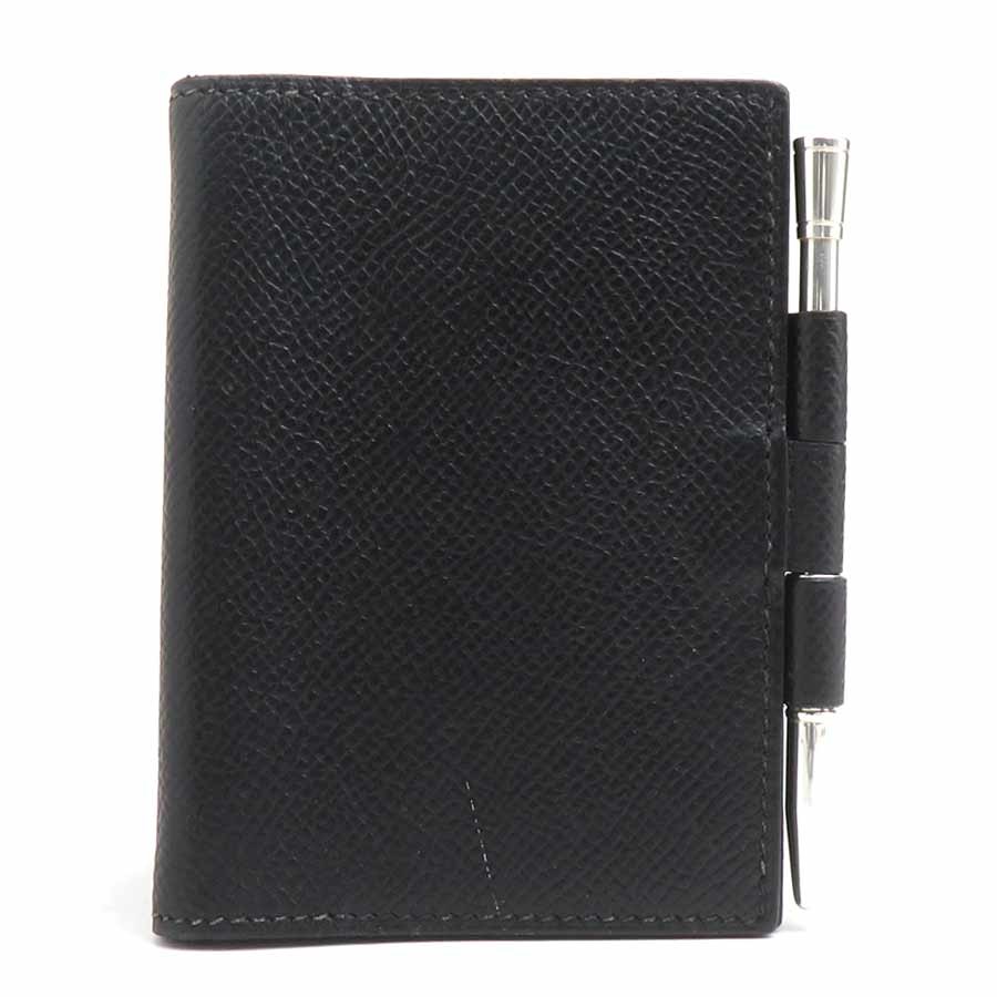 Auth HERMES Agenda/Note Cover Ballpoint Pen Set Black/Silver Leather/925 e61942a