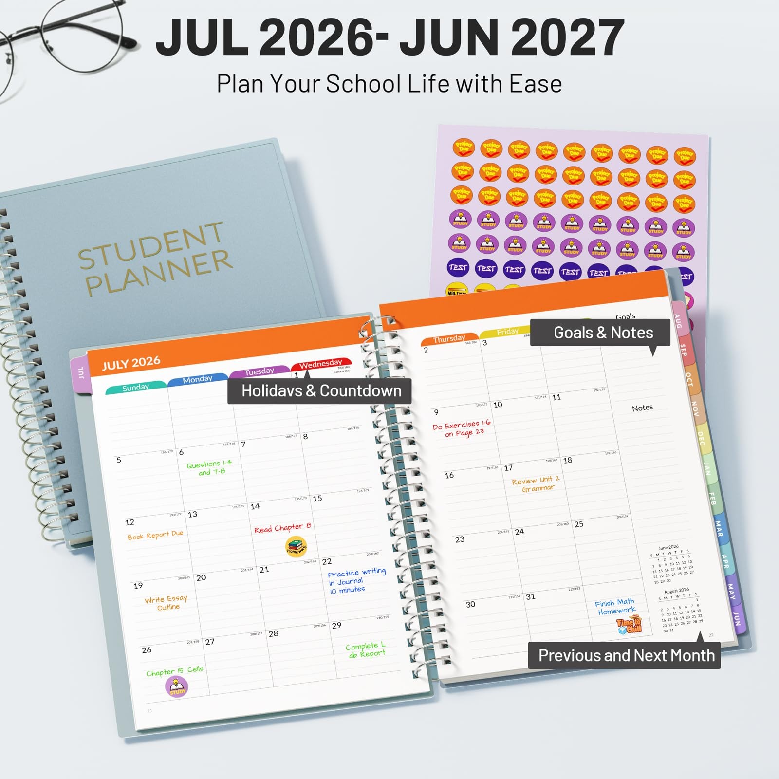 Student Planner 2026-2027, SUNEE Middle or High School A5 6.5″×8.3″, Blue
