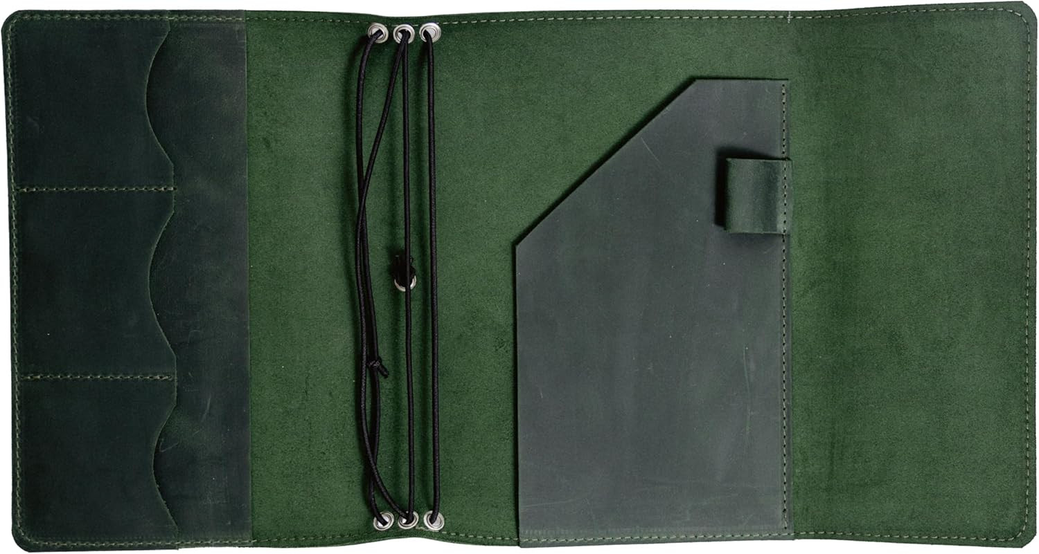 Leather A5 Notebook Cover – Refillable Journal Cover with Pen Holder & Card Slot